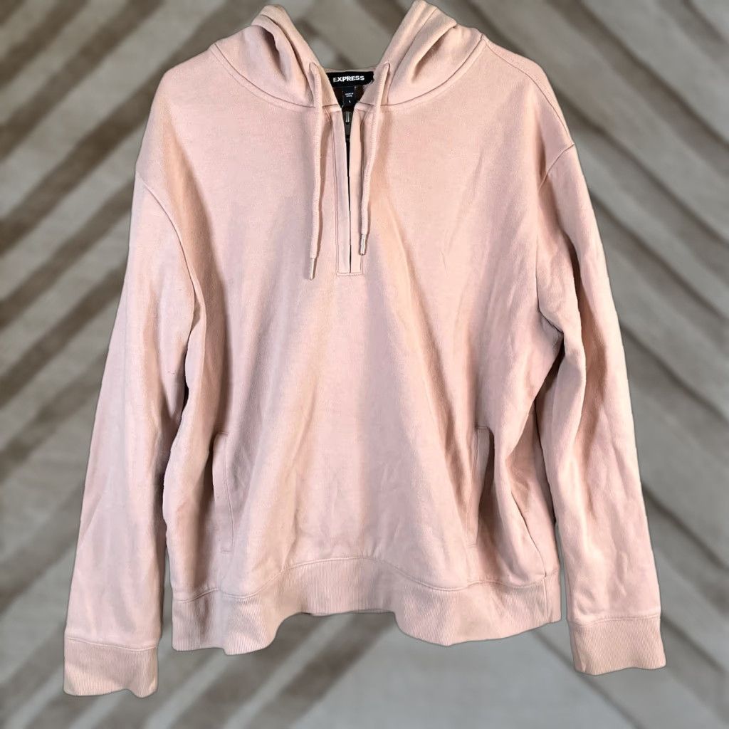 Vintage Express Womens Sweatshirt Light Pink Pullover 1/4 Zip Hoodie Large Stretch Size L / US 10 / IT 46 - 1 Thumbnail