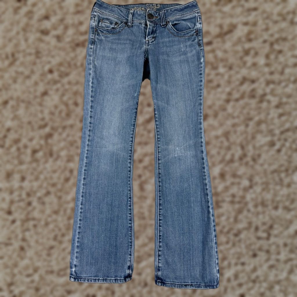 Denime Refuge Jeans Womens 7 Blue Denim Flared Distressed Embroidered Cotton Jeans Size 28" / US 6 / IT 42 - 1 Thumbnail