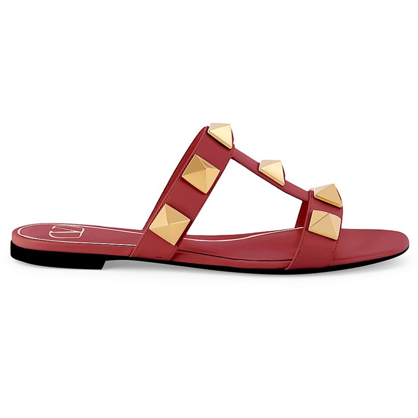 Valentino Rockstud Roman Stud Gold Red Leather Slide Slip On