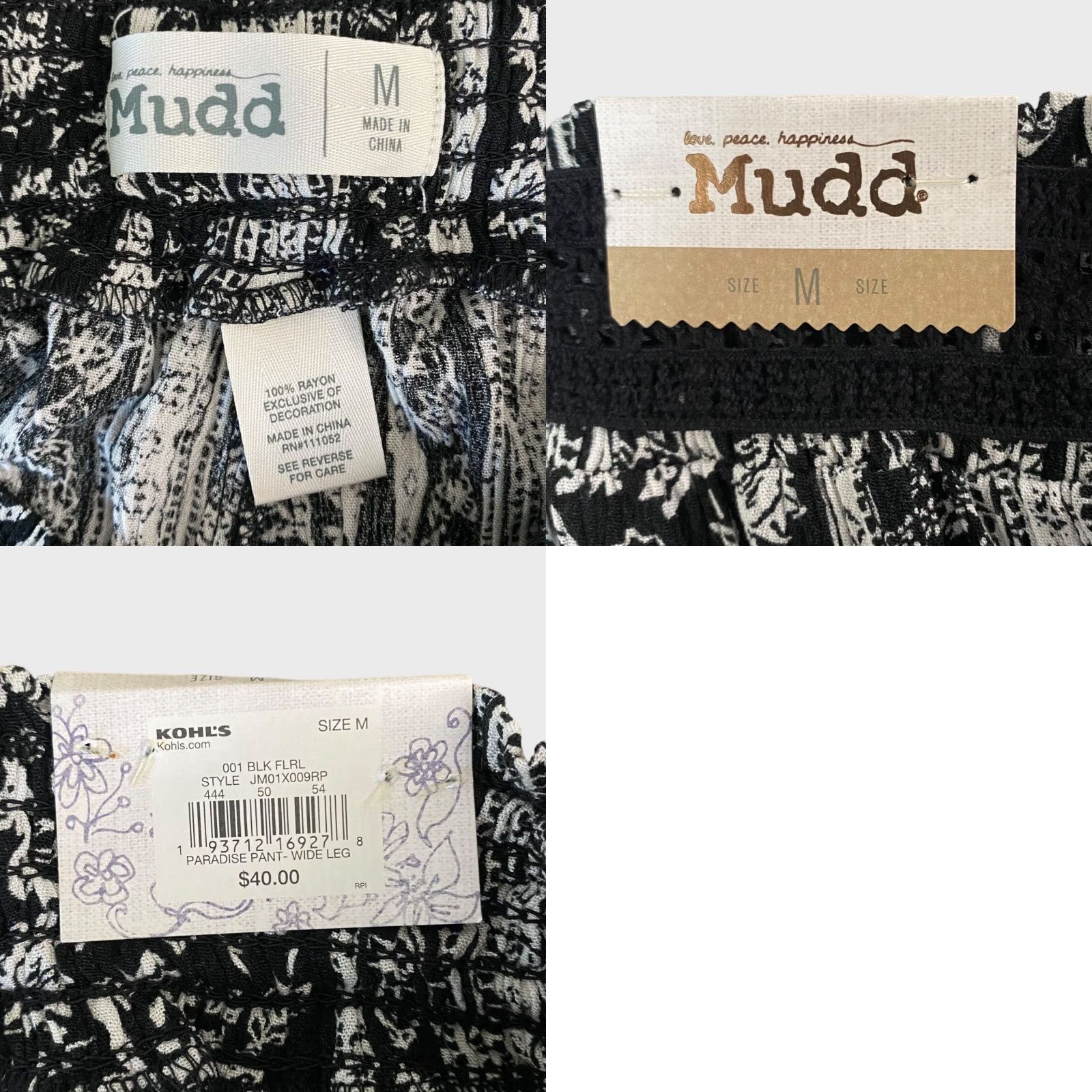 Paradise VINTAGE Mudd Floral Wide-Leg Pants Women's Medium Black High-Waisted Casual Bohemian Size 32" / US 10 / IT 46 - 8 Thumbnail