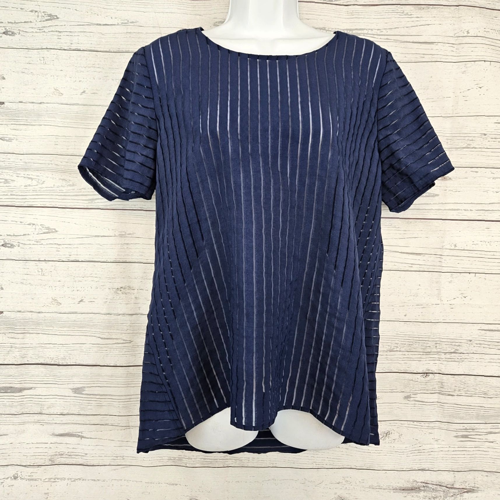 J.Crew J.CREW Womens Top Sz 12 Blue Sheer Stripes Short Sleeve Viscose Blend Blouse Shirt Size XL / US 12-14 / IT 48-50 - 2 Thumbnail