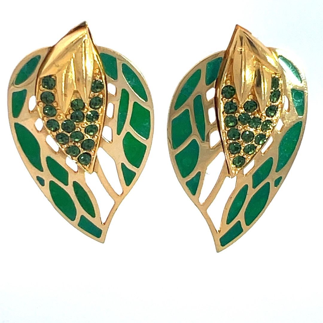 & Other Stories Berebi Golden Glower Green Rhinestone Leaf Clip Earrings Size ONE SIZE - 3 Thumbnail