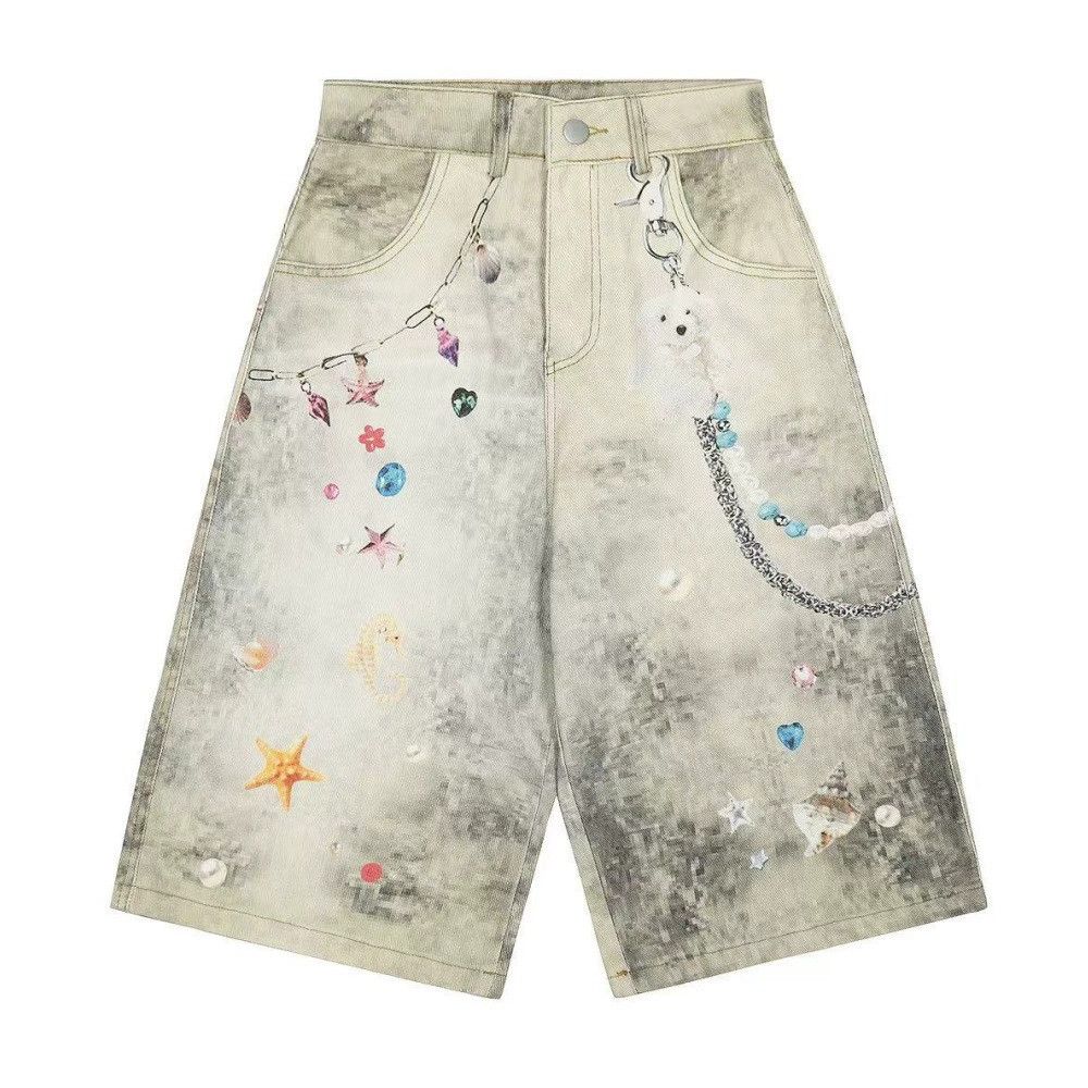 Jean Heavy distressed digital print loose denim shorts Size US 32 / EU 48 - 1 Thumbnail