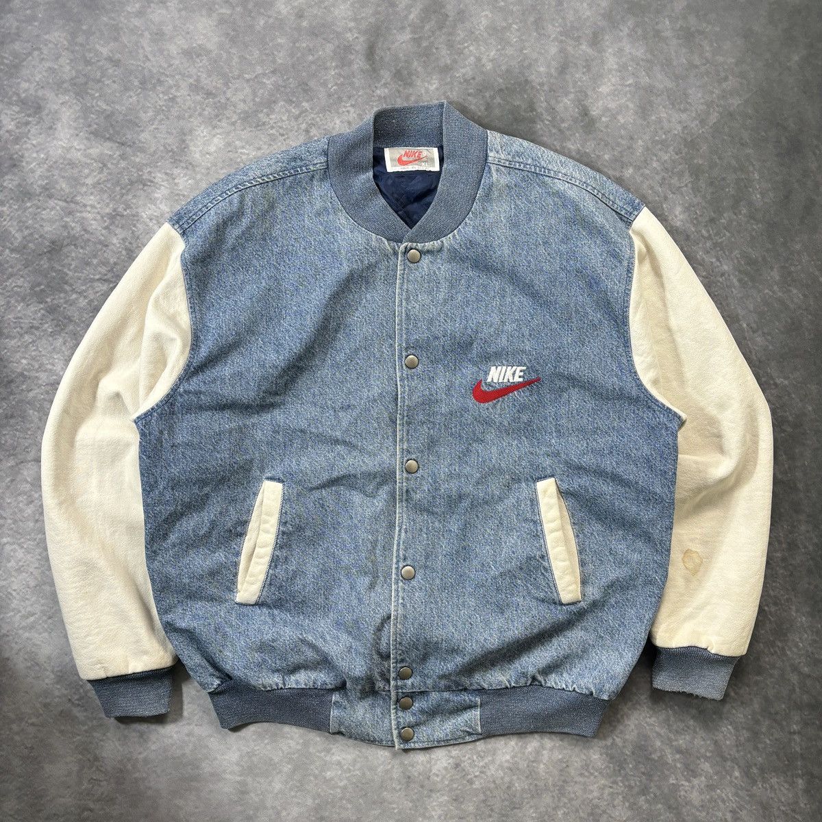 Nike × Vintage 1990s Vintage Nike Bomber Jacket Vintage Denim Jacket Swoosh Size US L / EU 52-54 / 3 - 1 Thumbnail