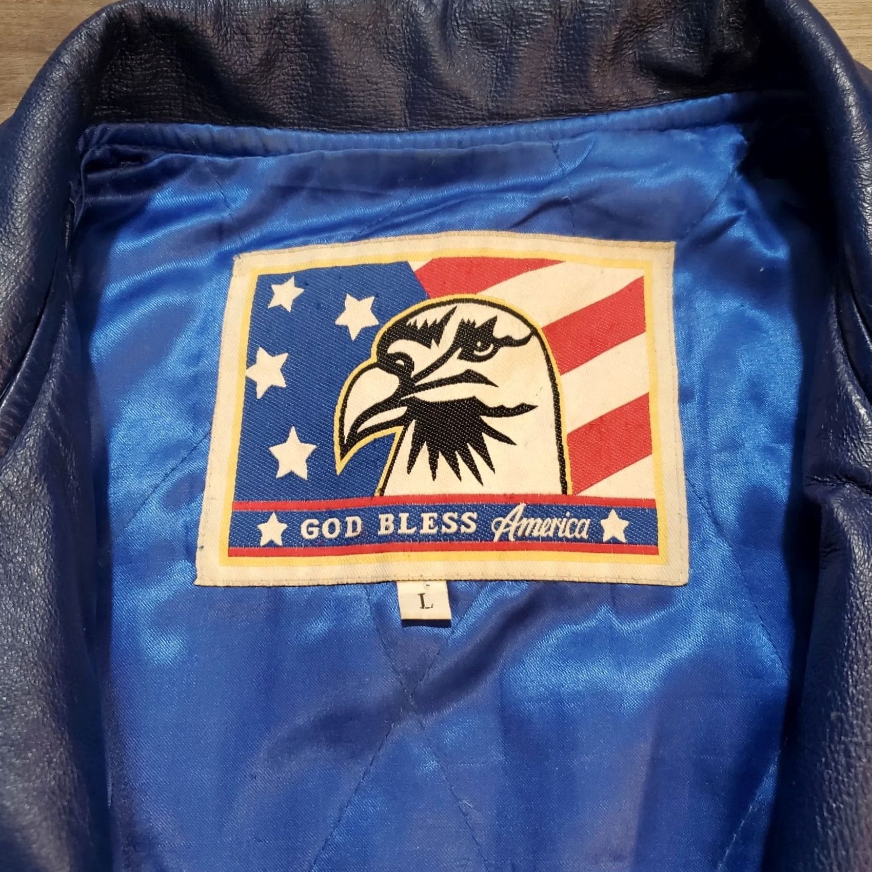 Vintage VINTAGE Unbranded Blue Leather And Wool American Flag Varsity Jacket Mens Sz L Size US L / EU 52-54 / 3 - 7 Thumbnail