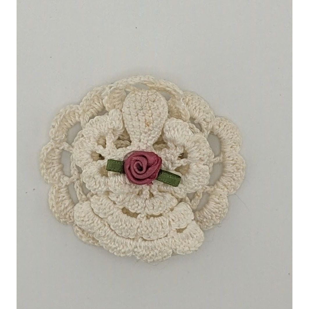 Other Vintage Handmade Crochet Angel Brooch With Ribbon Rose Accen Size ONE SIZE - 5 Thumbnail