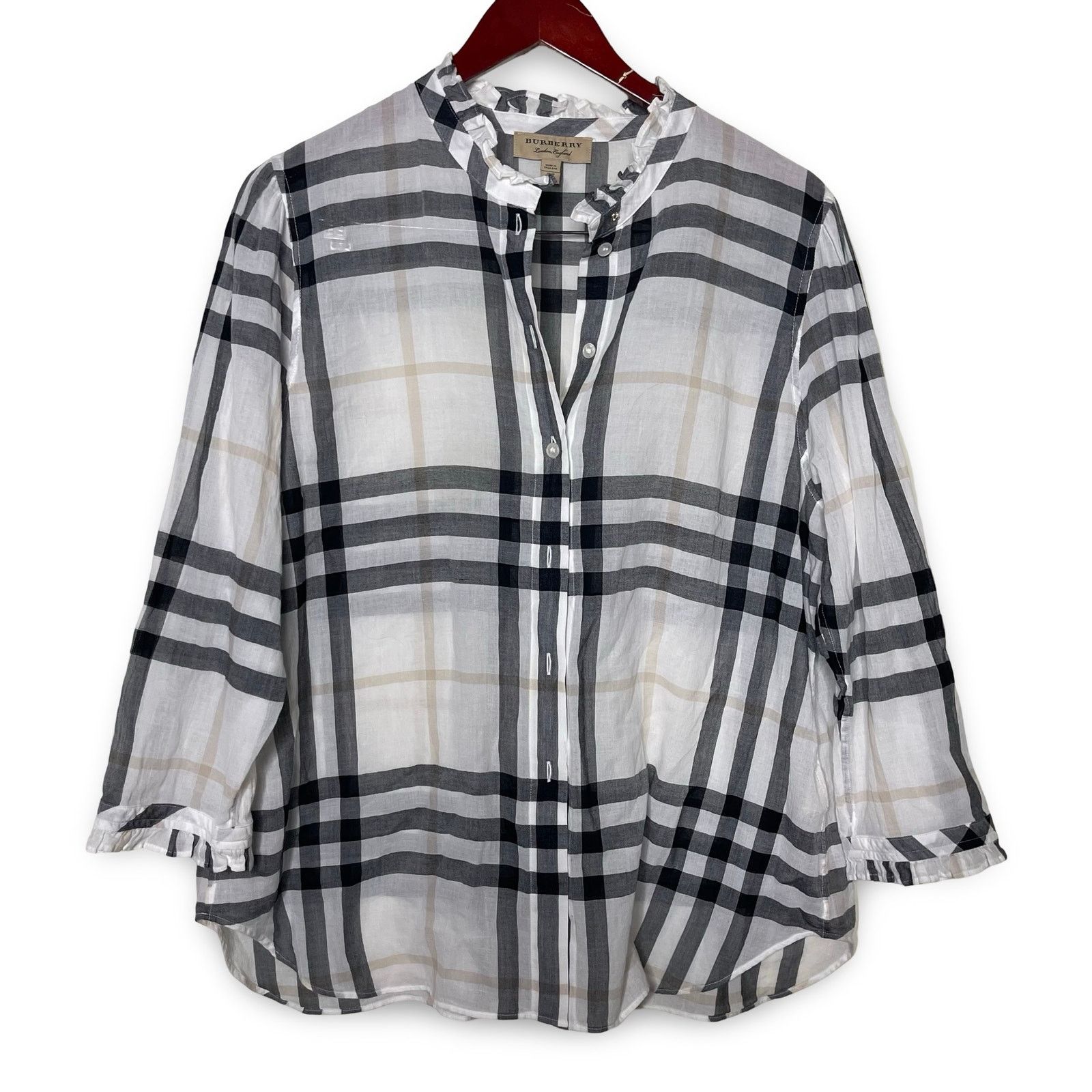 Burberry White Black Plaid Print 3/4 Sleeve Button-Up Top 12