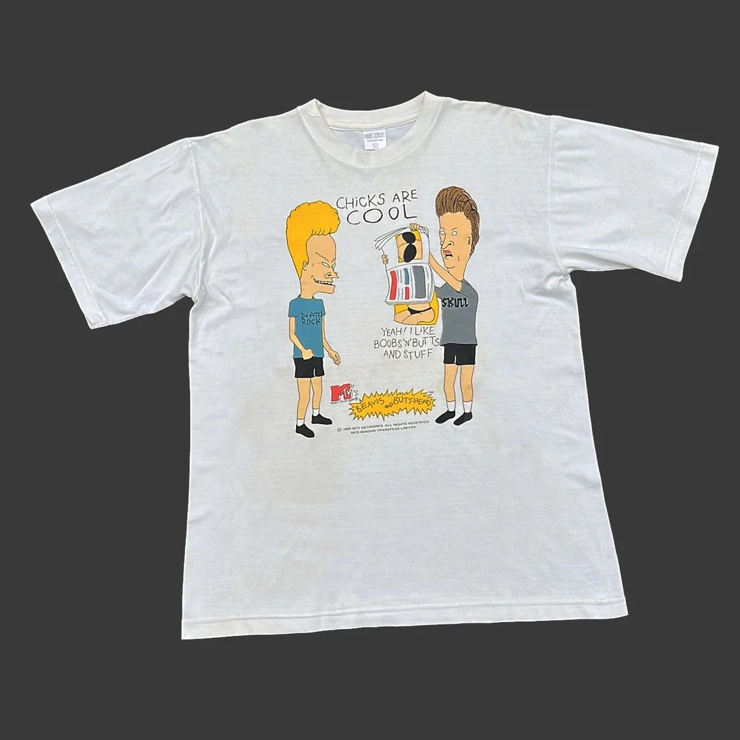 image of Beavis & Butthead 94 90's VTG Mtv Chicks Are Cool Tee in White, Men's (Size Large)