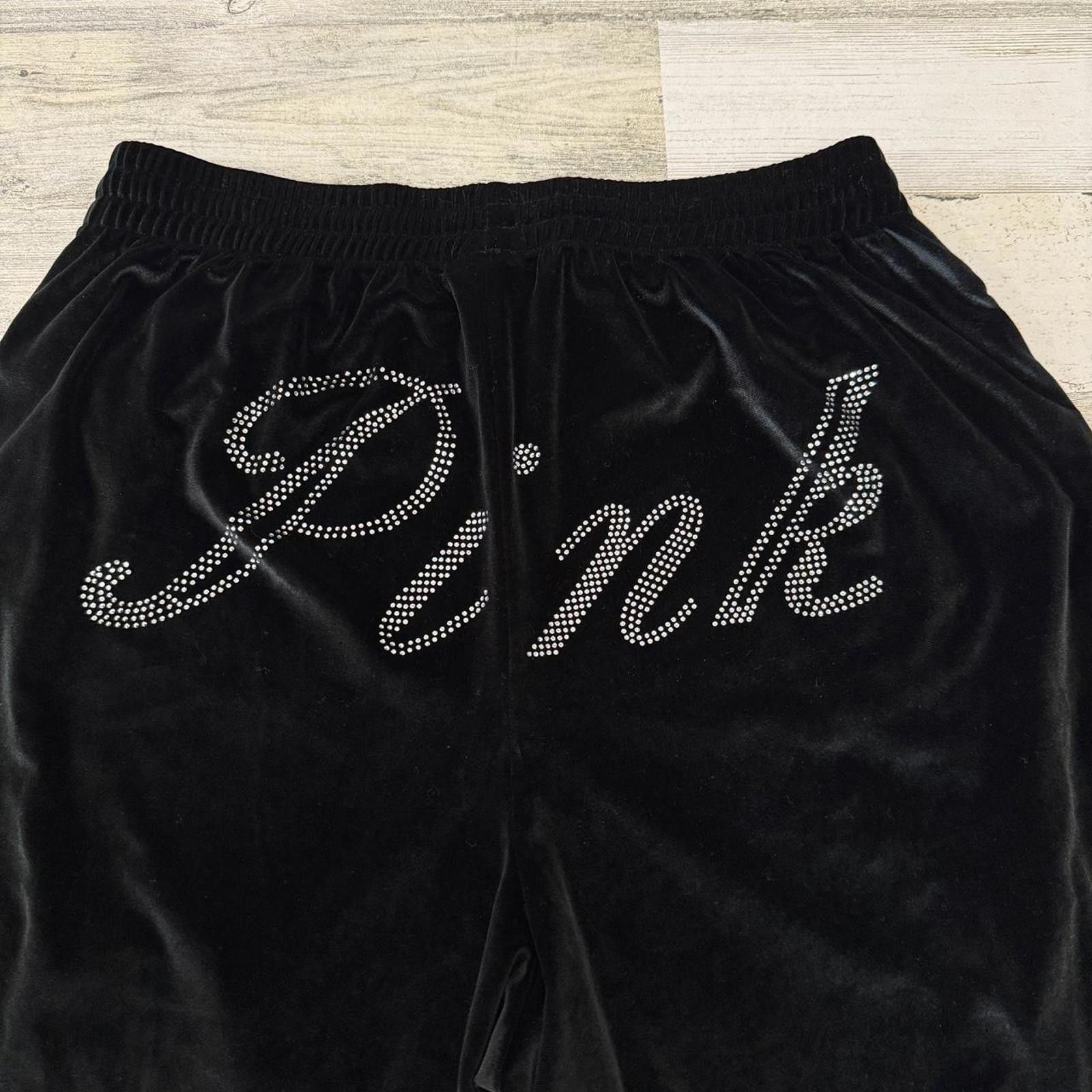 Designer Pink Velvet Rhinestone Victorias Secret Black Sweatpants L Size 36" / US 14 / IT 50 - 2 Thumbnail