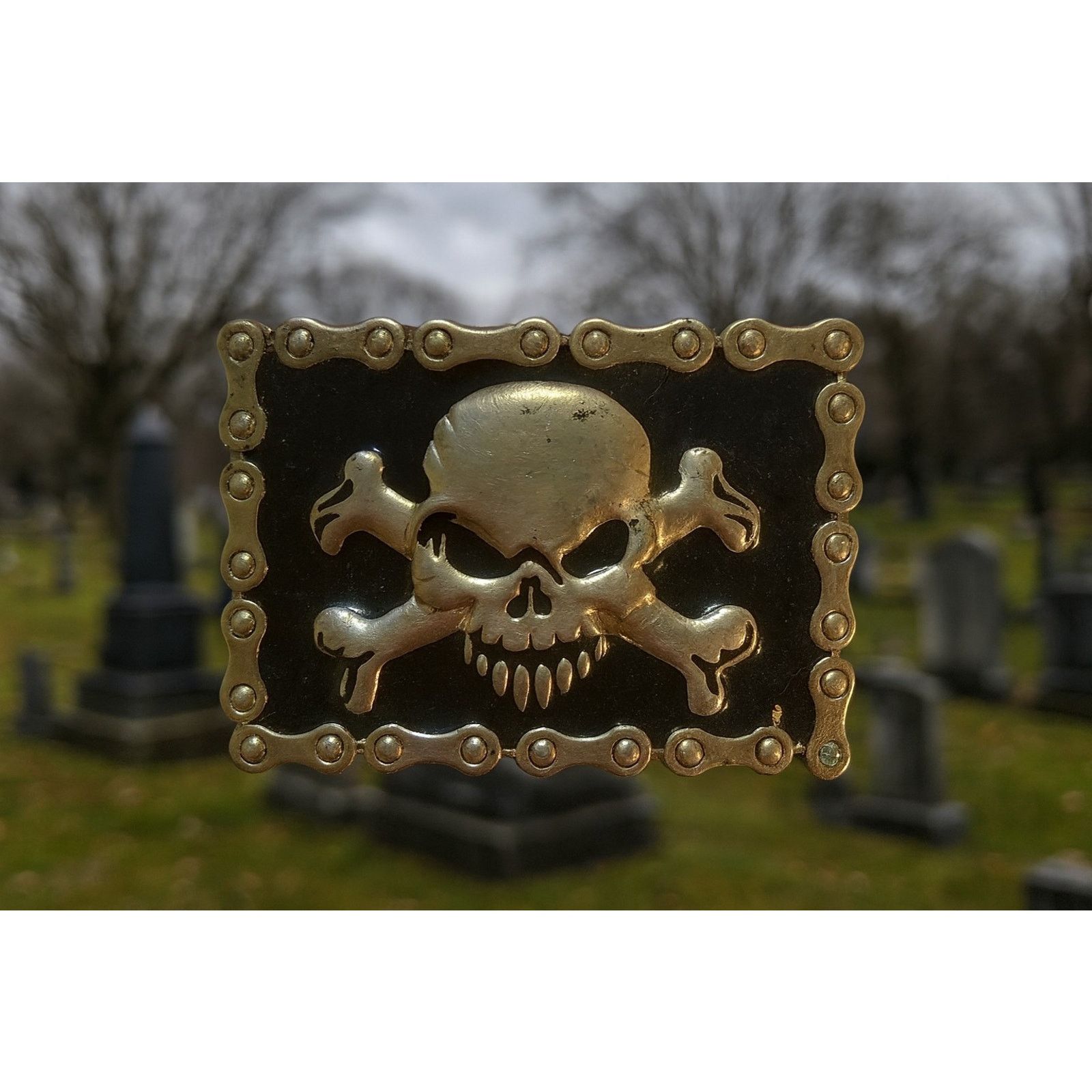 The Unbranded Brand Vtg Skull Crossbones Buckle Metal Enamel Motorcycle Chains Size ONE SIZE - 1 Thumbnail