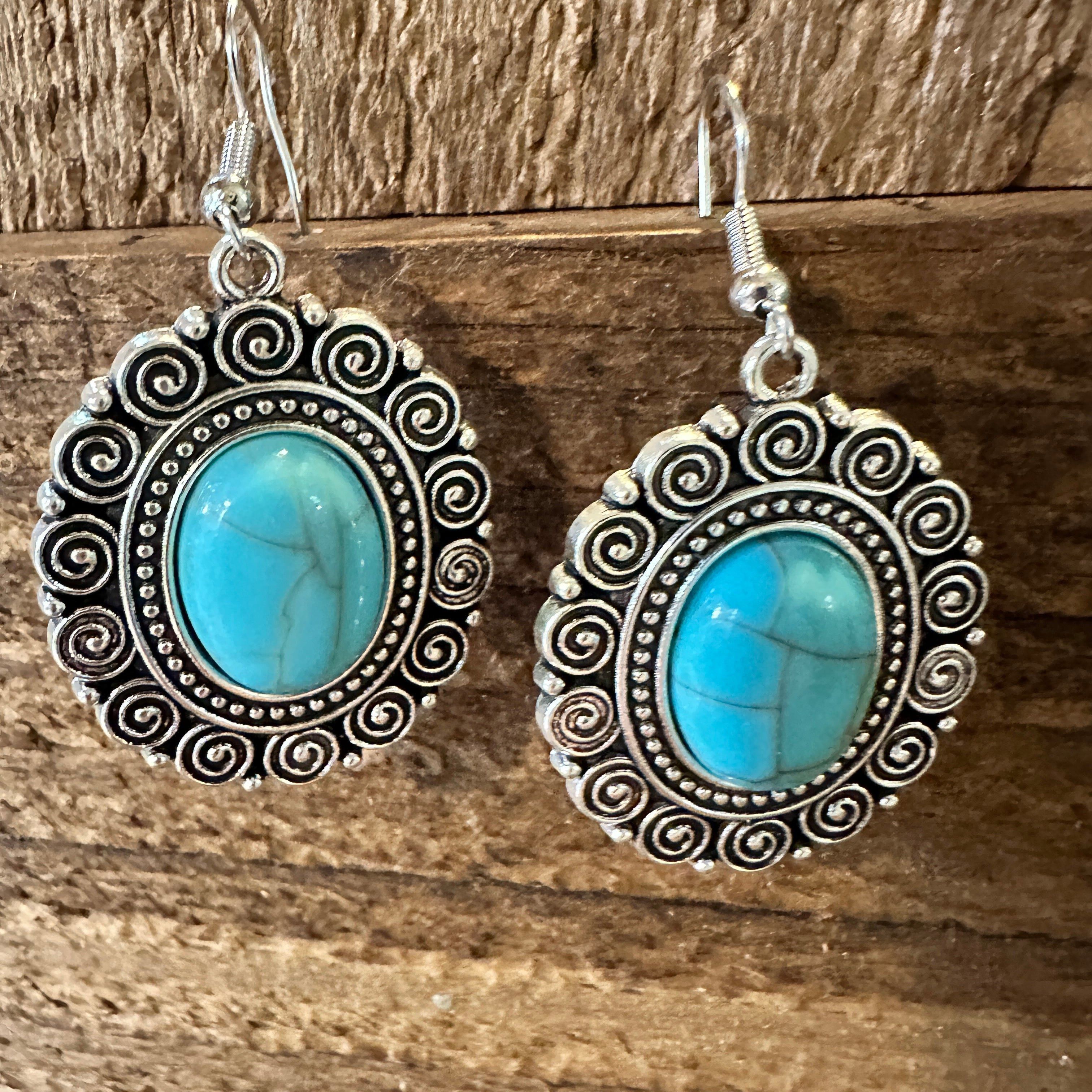 Other Boho Hippie Vintage Oval Lace Dangle Wire Earrings, Turquois Size ONE SIZE - 1 Thumbnail