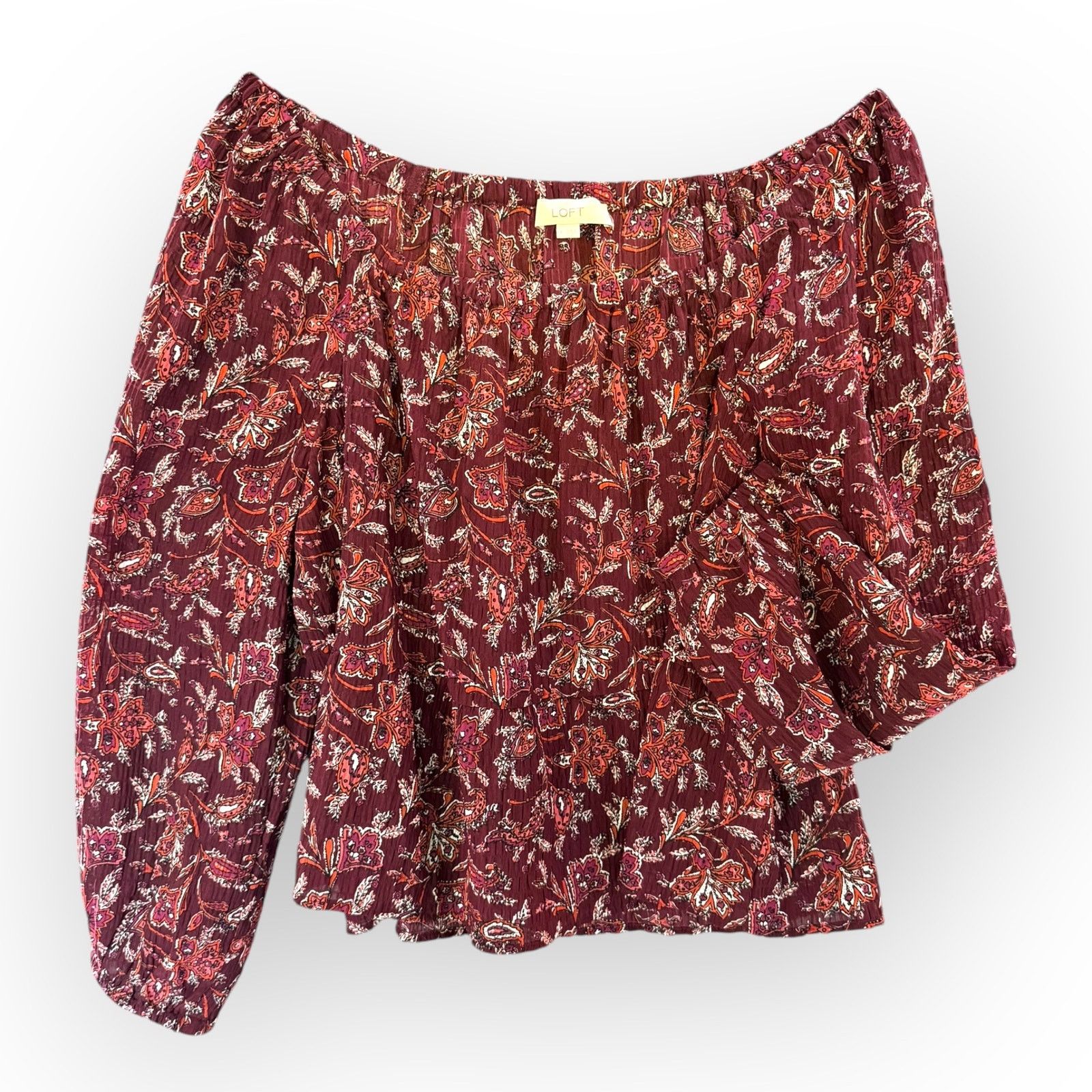 Loft LOFT Maroon Paisley Off Shoulder Peasant Blouse Womens Sz L Size L / US 10 / IT 46 - 2 Thumbnail