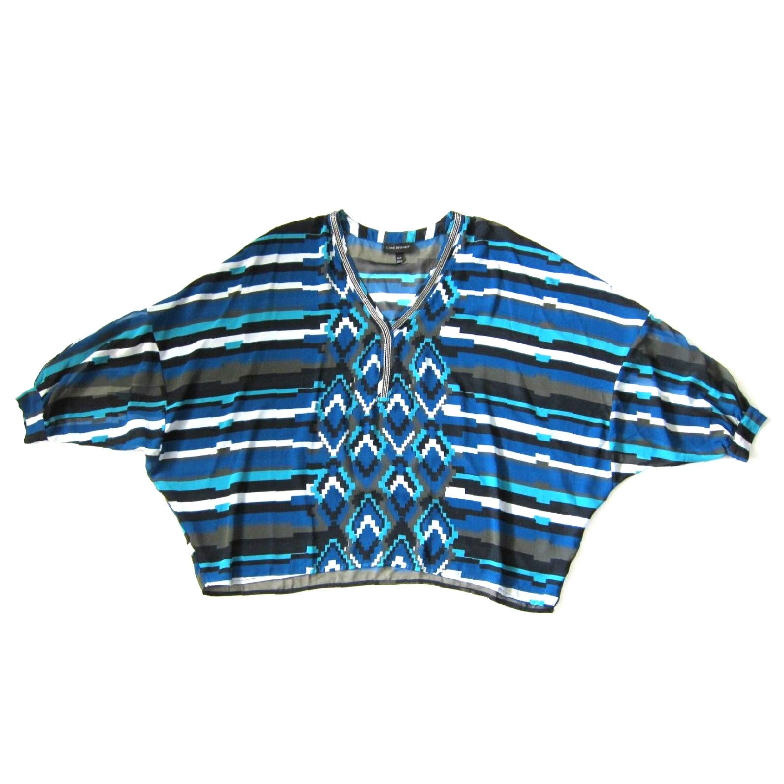 Vintage Lane Bryant Geometric Blouse Tunic 18/20 Blue Black Beaded Silver V-Neck Sheer 3/4 Sleeve Womens Size XXL / US 16-18 / IT 52-54 - 2 Thumbnail