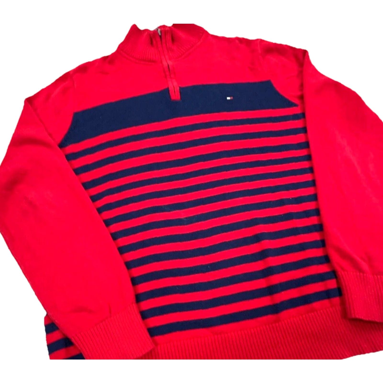 Tommy Hilfiger Tommy Hilfiger Sweater Men L Red Striped Knit 1/4 Zip Pullover Front Logo Embroidered Classic Preppy Modern Mens Knit Size US L / EU 52-54 / 3 - 5 Thumbnail