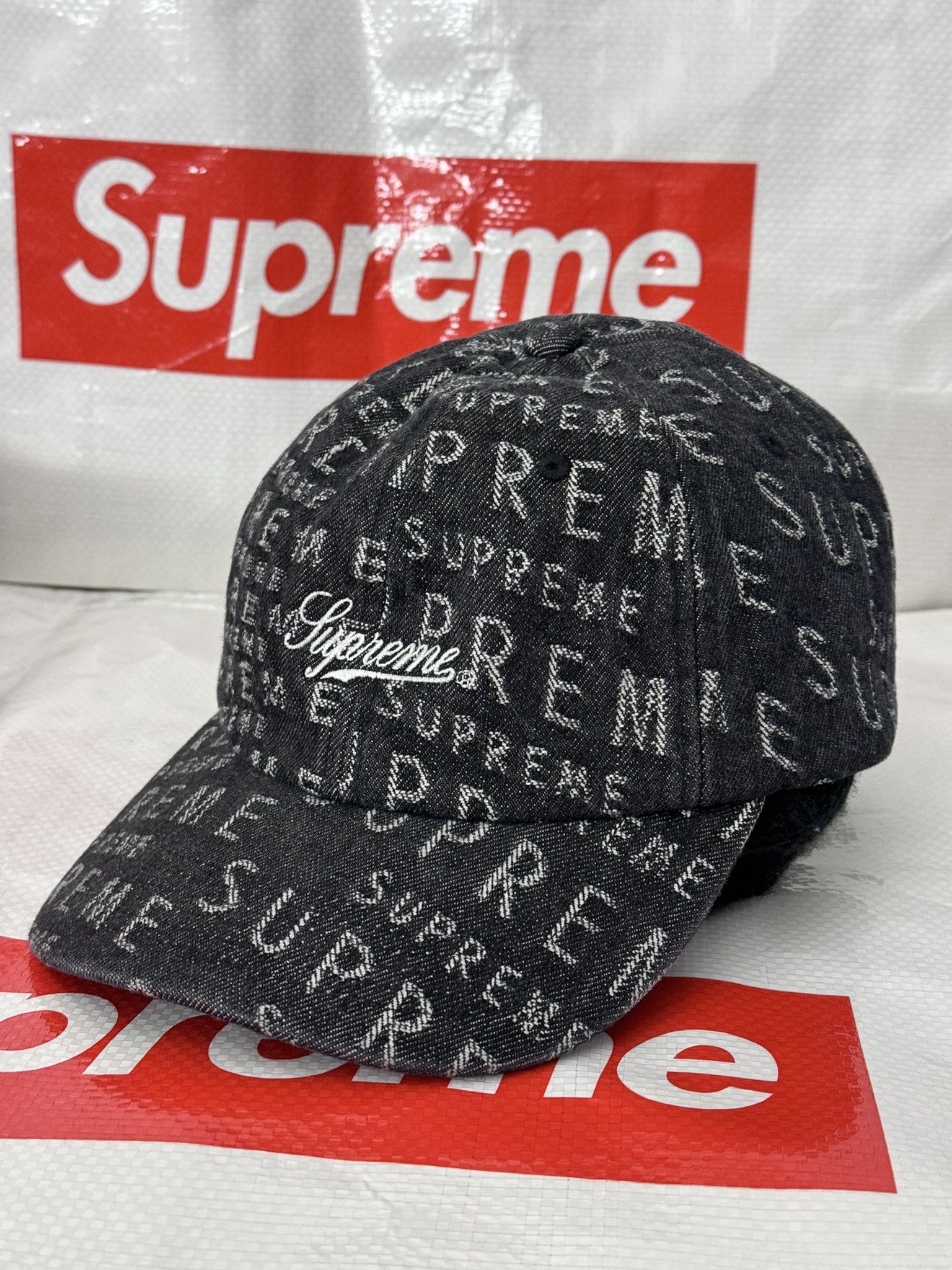 Supreme SS20 jacquared logo denim store 6 panel dad hat cap