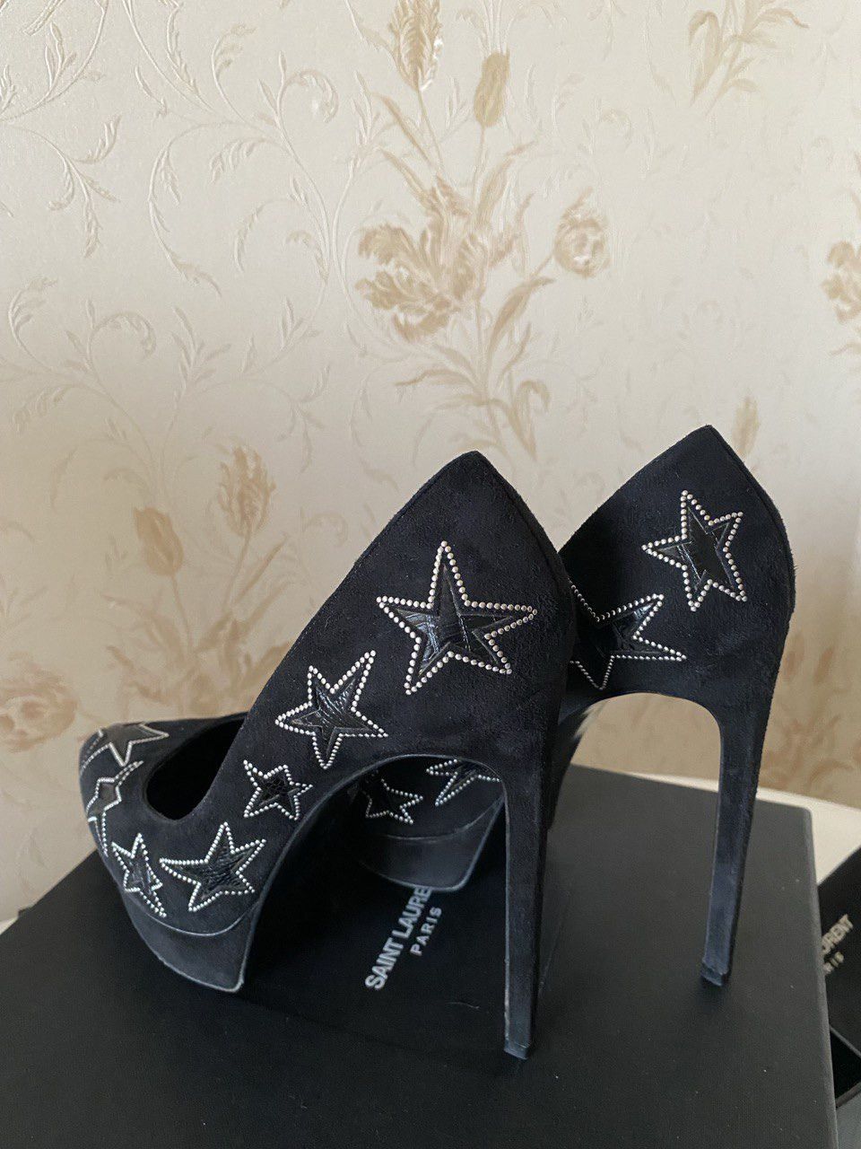 Yves Saint Laurent SAINT LAURENT BLACK VELVET STAR STUDDED PLATFORM HEELS Size US 9.5 / IT 39.5 - 3 Thumbnail