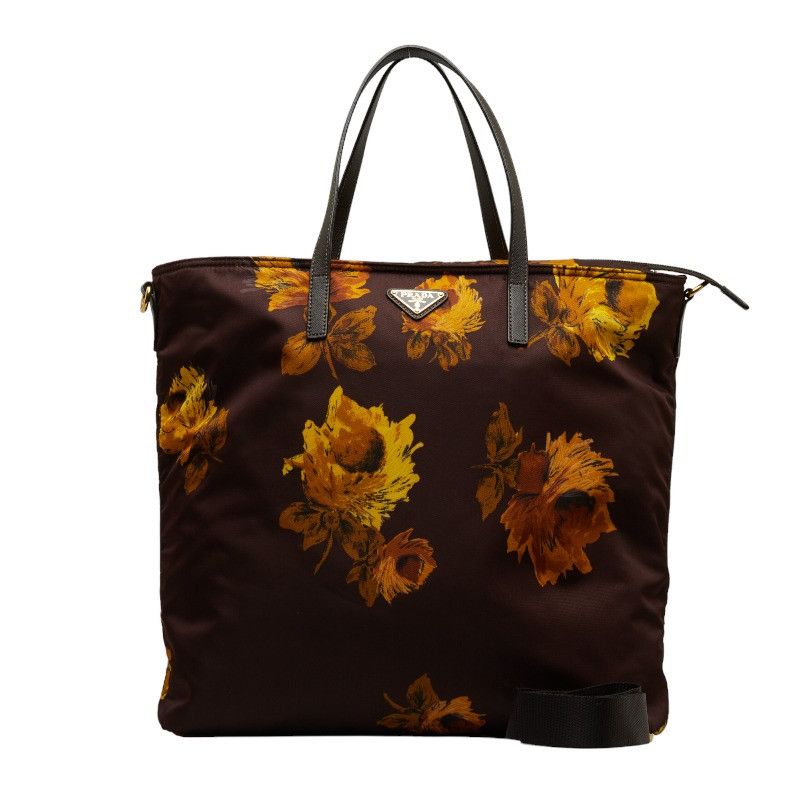 image of Prada Tessuto Stampato Sunflower Tote Bag in Brown, Women's