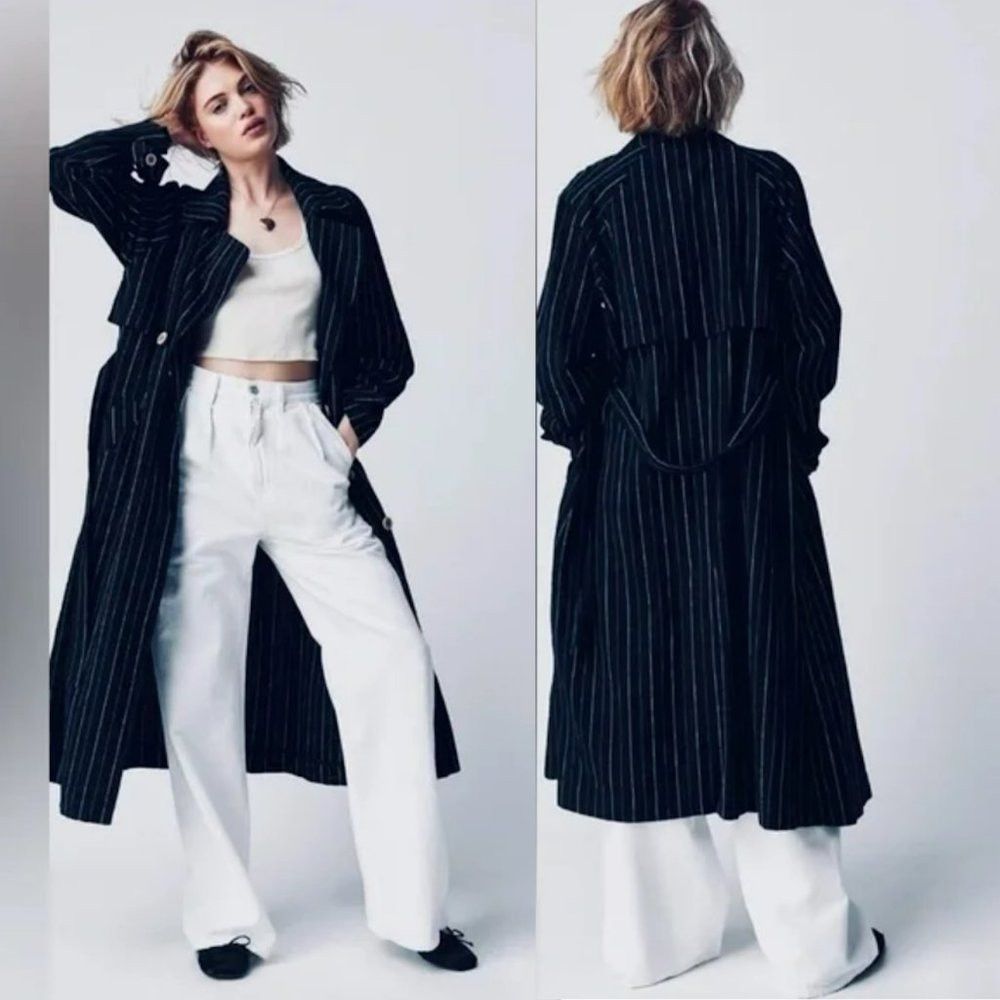 Free People New Free People Linen Blend Blue Striped Melia Mac Trench C Size XS / US 0-2 / IT 36-38 - 1 Thumbnail