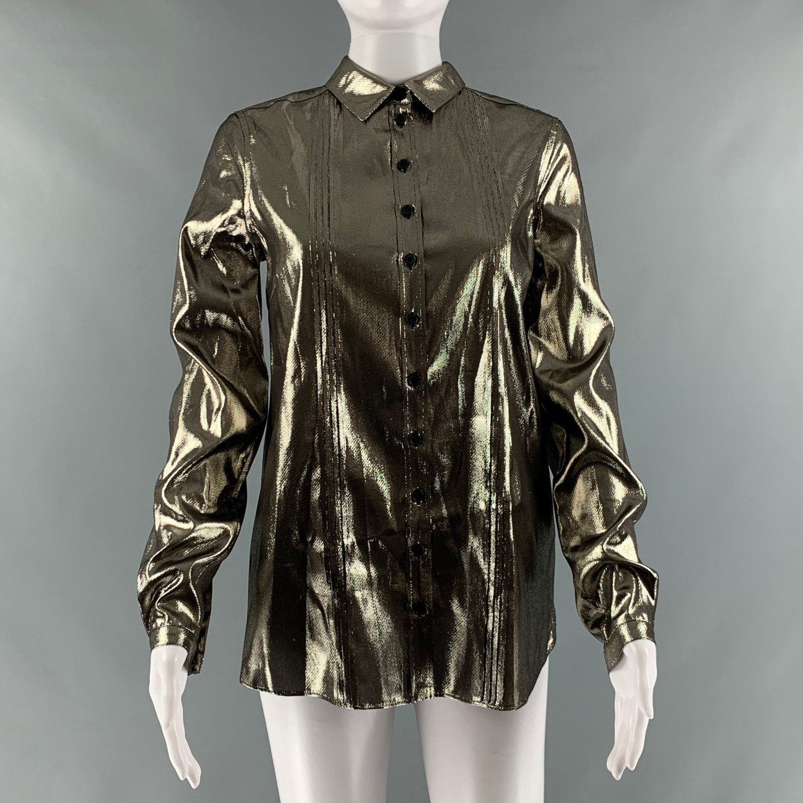 Burberry BURBERRY Size 4 Gold Silk Metallic Button Up Shirt Size S / US 4 / IT 40 - 1 Thumbnail