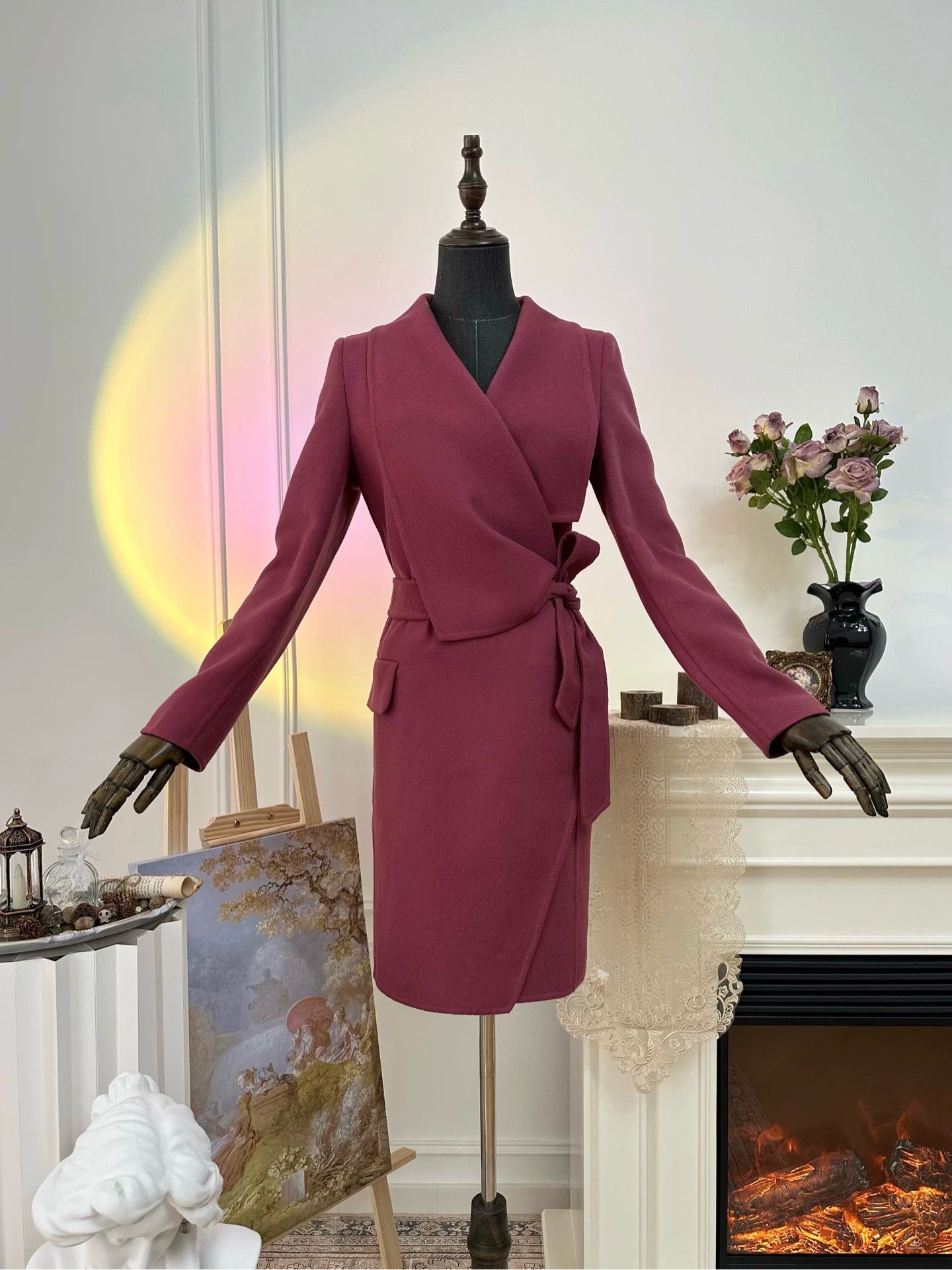 Max Mara MaxMara asym collar tie-waist wool coat women's smoke pink Size S / US 4 / IT 40 - 1 Thumbnail