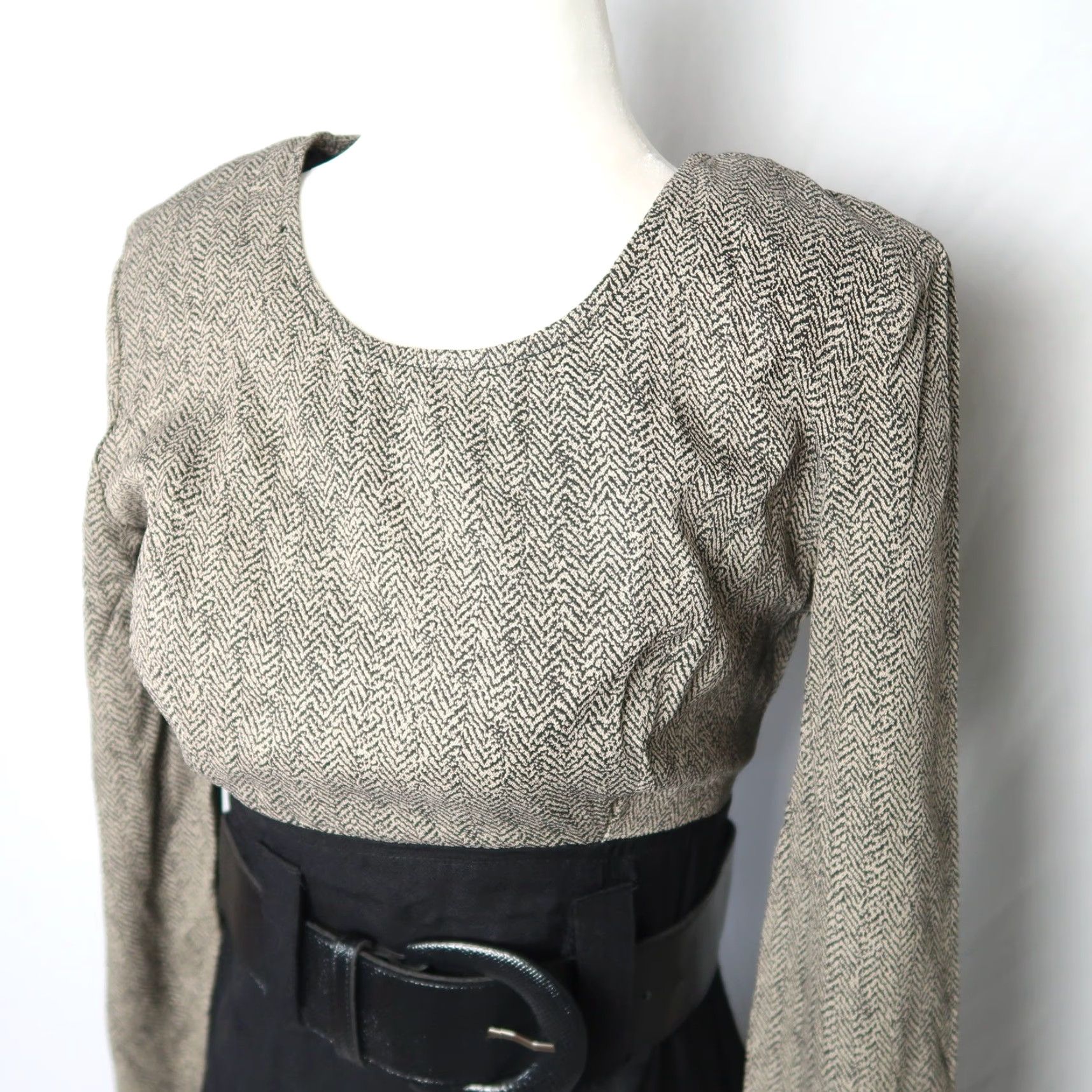 Vintage VINTAGE All That Jazz Dress 80s Herringbone Long Sleeve Midi Black Tan 6 Women Size M / US 6-8 / IT 42-44 - 2 Thumbnail
