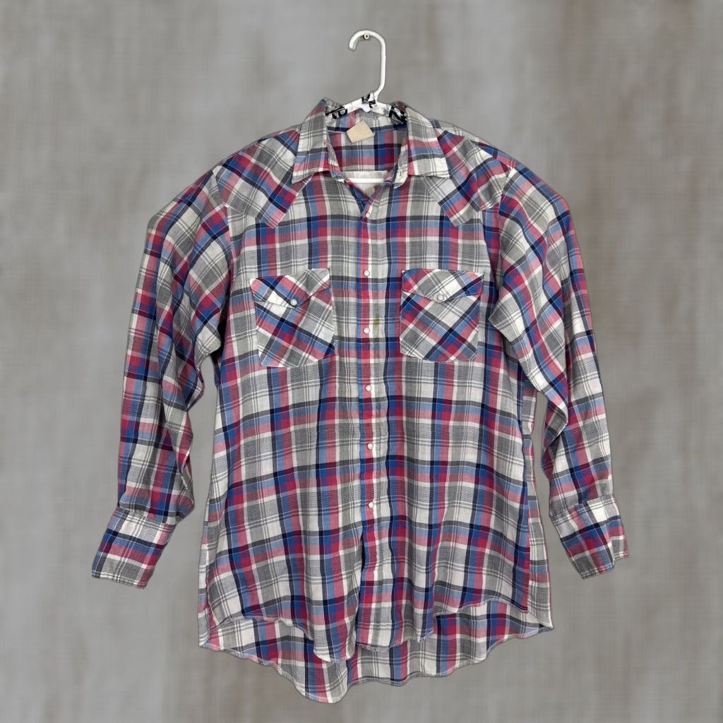 Vintage VINTAGE Western Frontier Mens Large Pearl Snap Long Sleeve Plaid Red White Blue Shirt Size US L / EU 52-54 / 3 - 1 Thumbnail