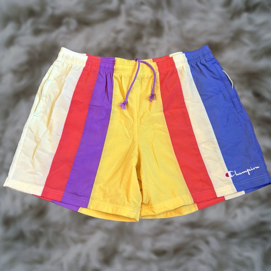 Champion Champion Nylon Warm Up Shorts Yellow Red Multicolor 6” Vertical Stripe 2XL Mens Size US 39 - 1 Thumbnail