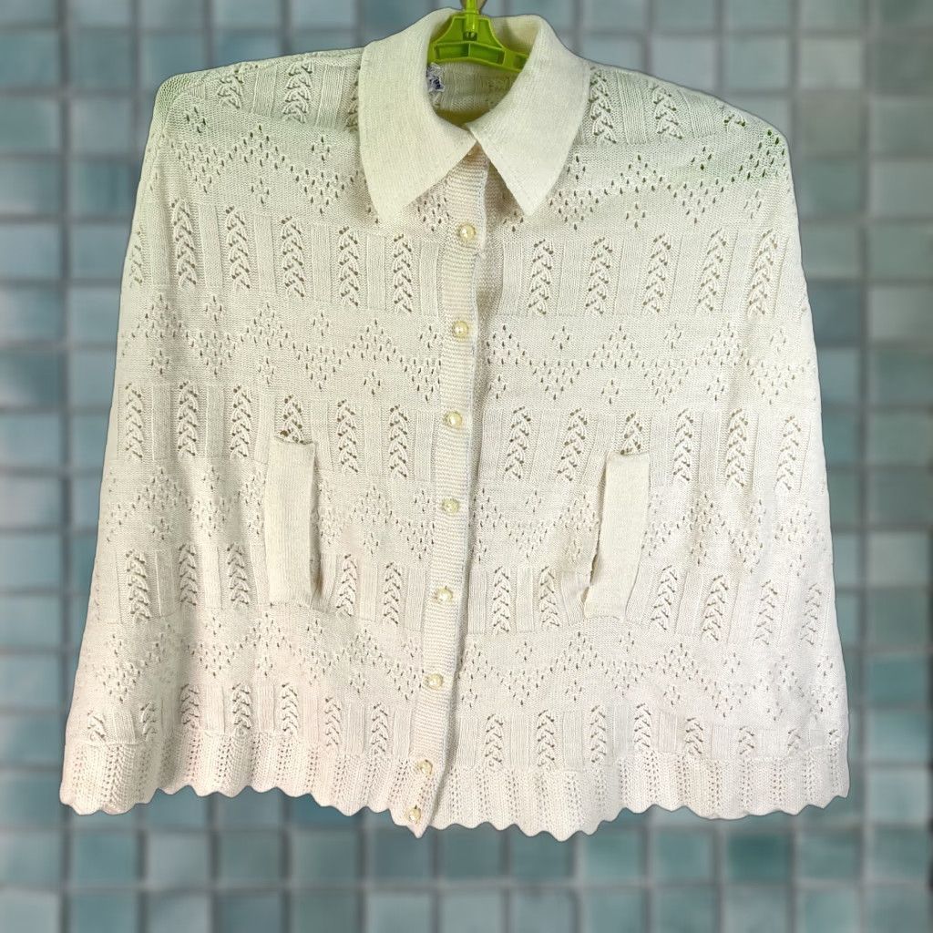 Vintage VINTAGE Sherry Gale Cardigan Poncho Sweater M Ivory Geometric Open-Knit Boho Collar Womens Size M / US 6-8 / IT 42-44 - 1 Thumbnail