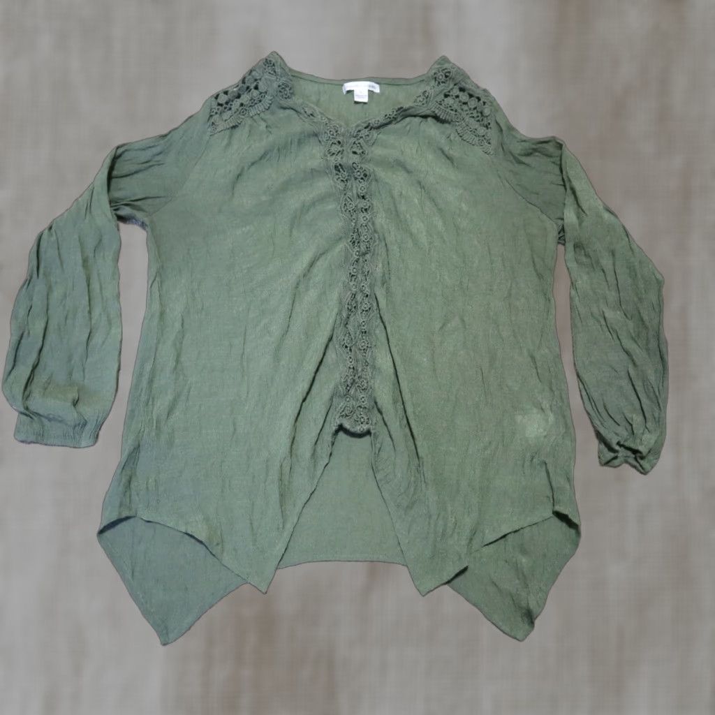 Vintage John Paul Richard Shirt Women L Green Floral Blouse Short Sleeve Pullover V-Neck Draw String Sleeves Size L / US 10 / IT 46 - 1 Thumbnail