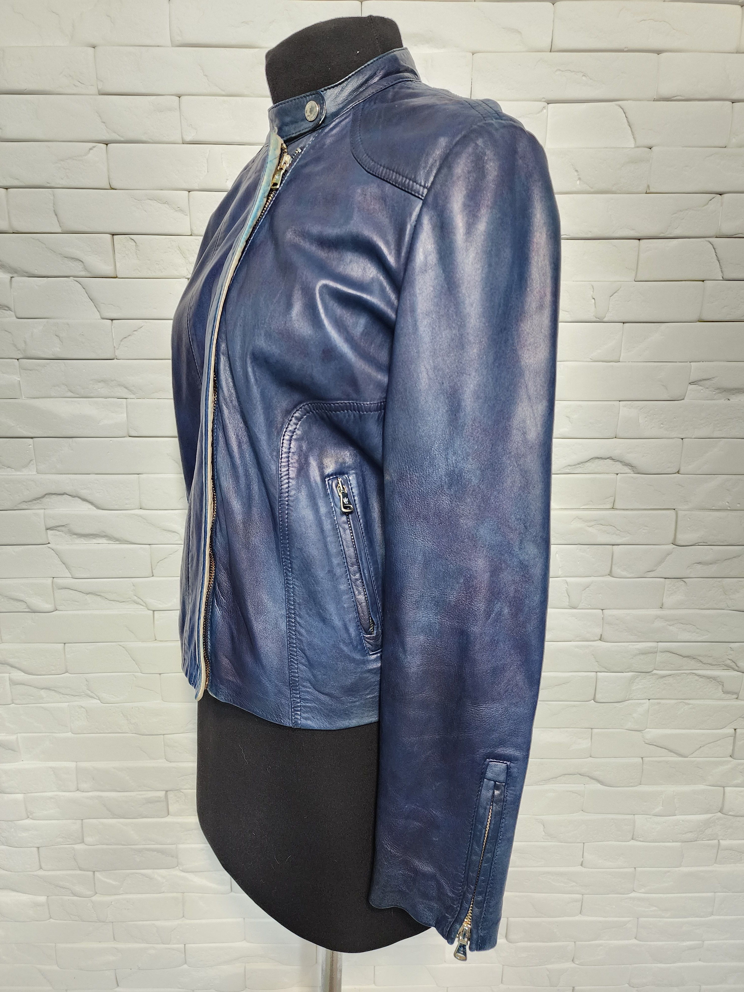 Designer Women's blue leather jacket. Size L / US 10 / IT 46 - 4 Thumbnail