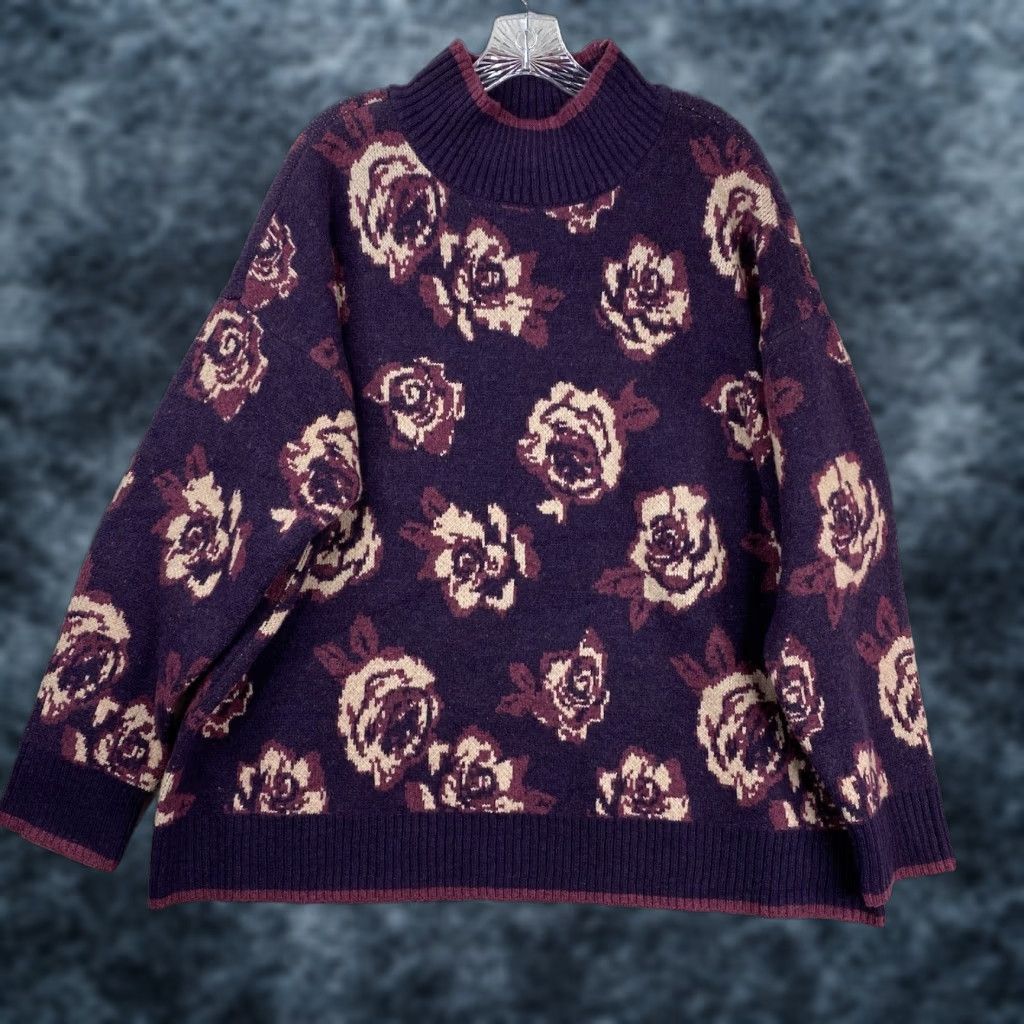 Vintage Joseph A Sweater Women's 2X Purple Floral Mock Neck Pullover Knit NWT Size XXL / US 16-18 / IT 52-54 - 1 Thumbnail