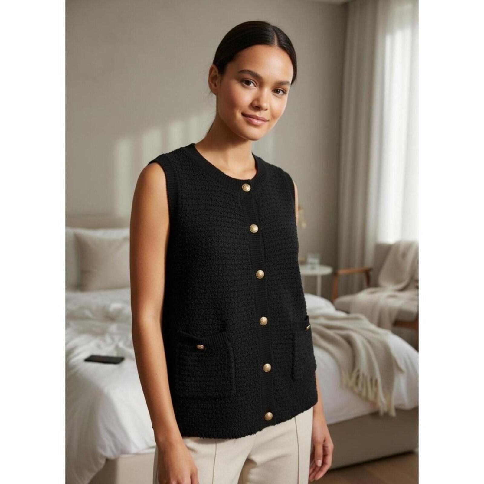 Other Black Sleeveless Button-Up Knit Vest with Pockets Size ONE SIZE - 1 Thumbnail