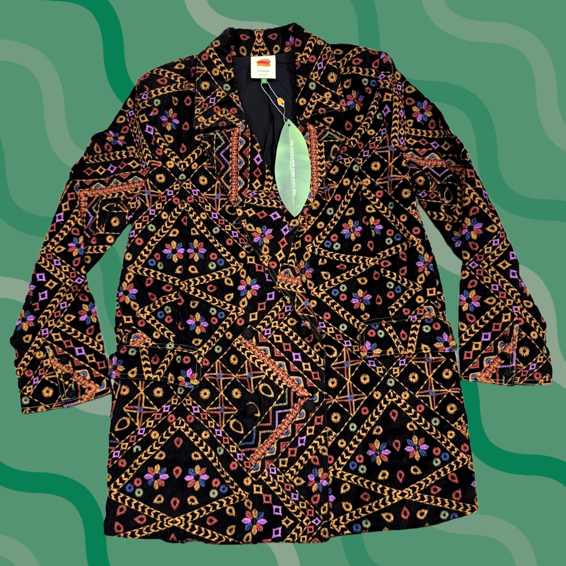 Farm Rio Farm Rio Blazer Womens Medium Multicolor Corduroy Embroidered Geometric Notch Lapel Long Sleeve Long Jacket Dressy Tuxedo Style Size M / US 6-8 / IT 42-44 - 1 Thumbnail