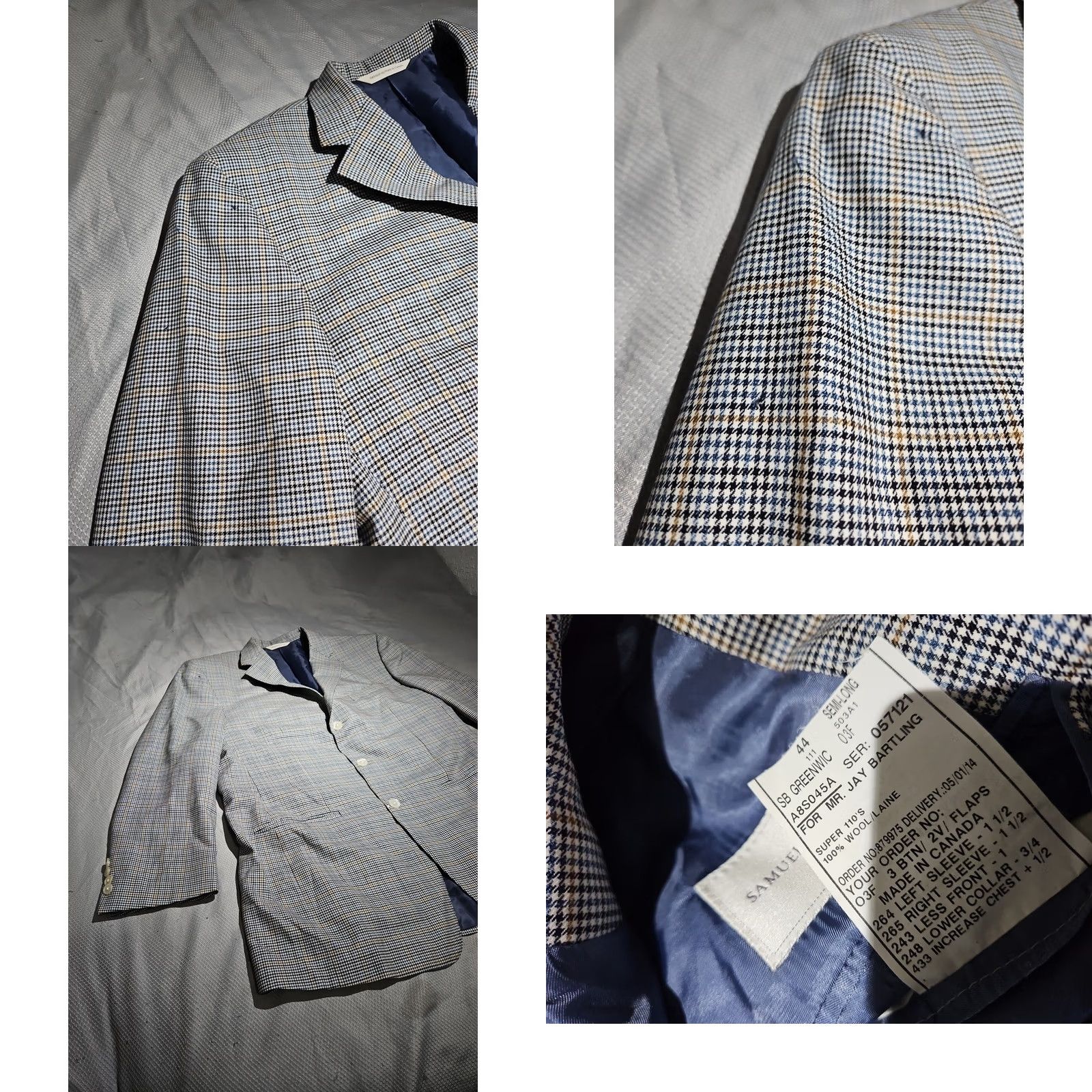 Vintage Samuelsohn Blazer 44 Tan Brown Houndstooth Blue Windowpane Wool Sport Coat Jacket - Three Button Notch Lapel Regular Fit Mens BLAZER Size 44R - 8 Thumbnail