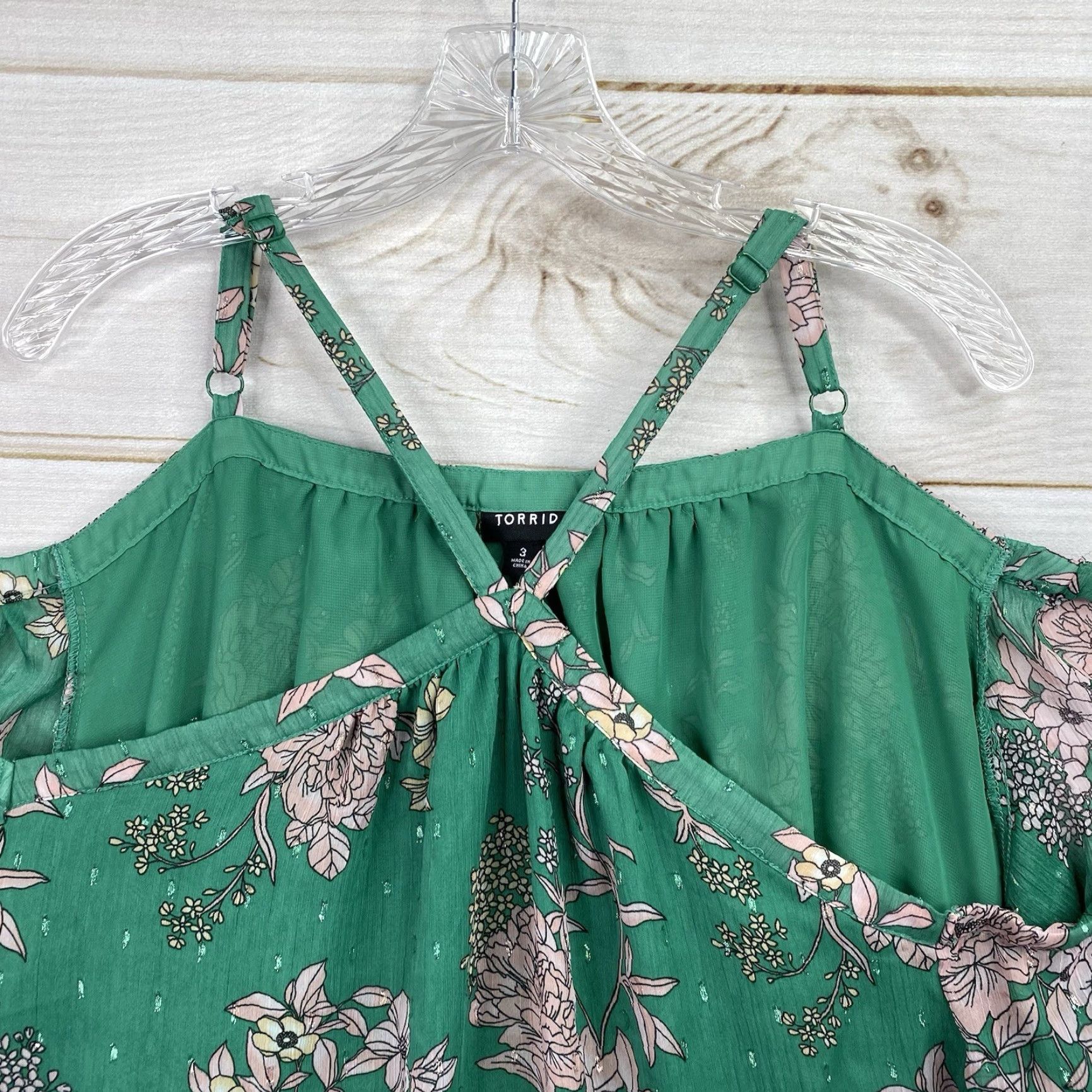 Torrid Torrid Blouse Top 3X Green Floral Cold Shoulder Sleeve Spaghetti Adjustable Strap V-Neck Polyester Bohemian Womens Size XXL / US 16-18 / IT 52-54 - 2 Thumbnail