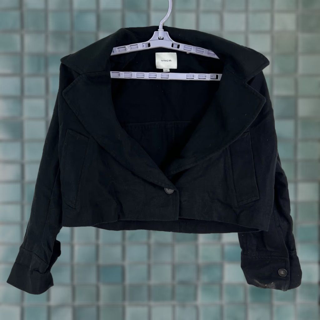 Vince VINTAGE Vince Women's Cropped Jacket Bomber Style Black Linen Cotton Blend Size L Casual Designer Size L / US 10 / IT 46 - 1 Thumbnail