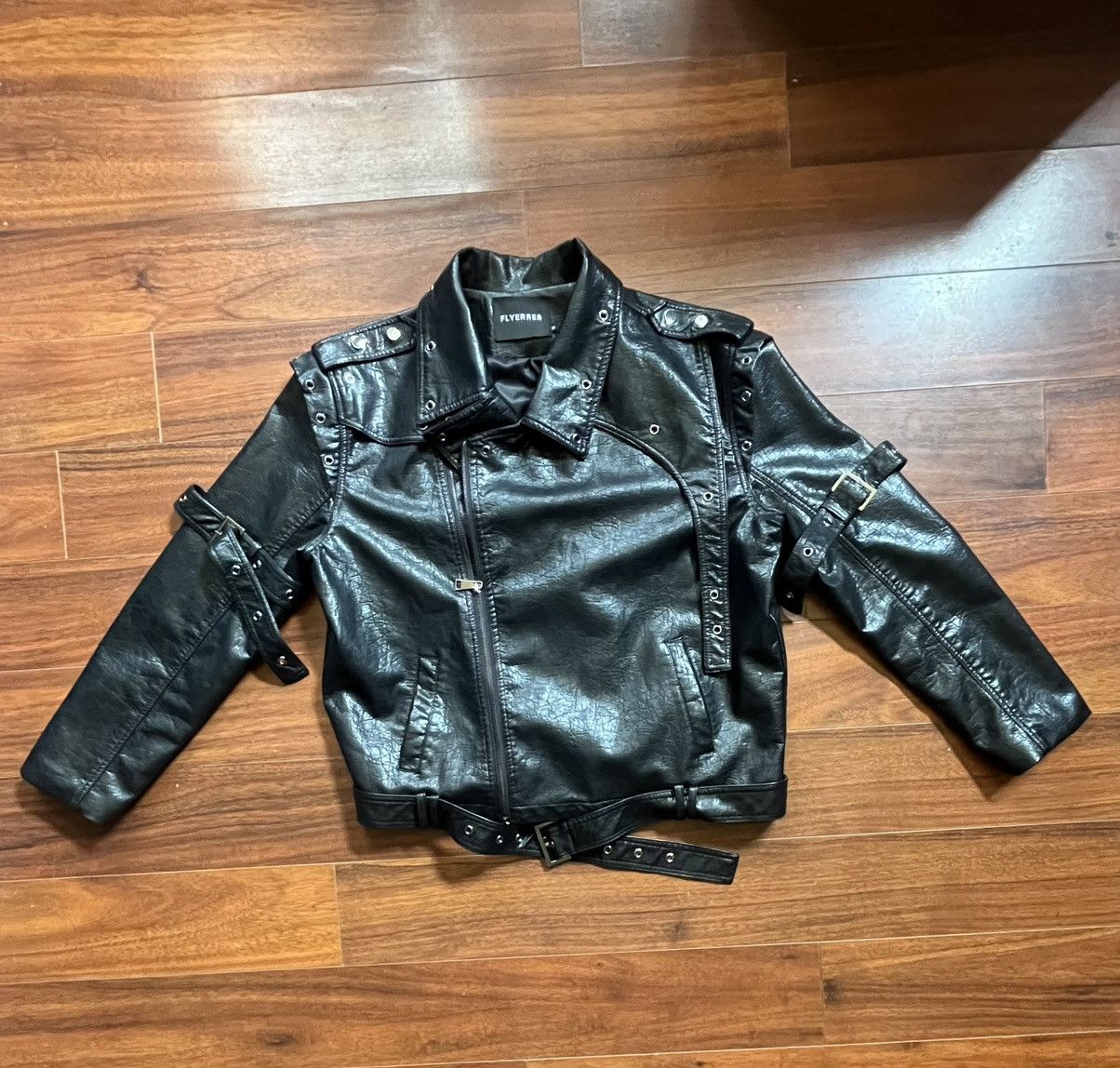 FLYERRER Asymmetrical Hoop-Hole Faux Leather Jacket