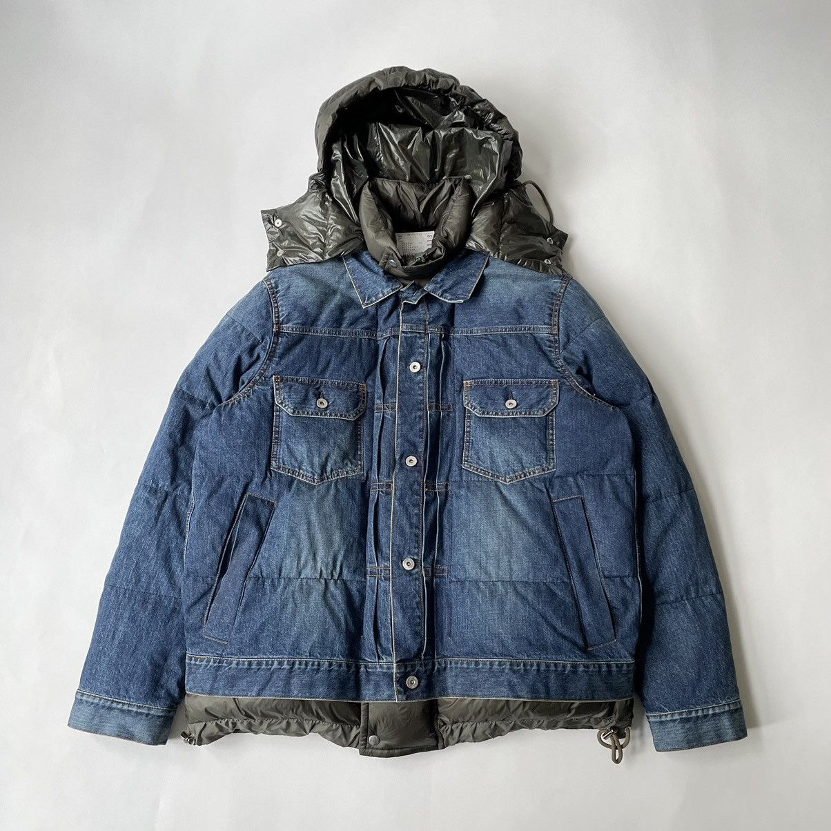 image of Sacai Hybrid Down + Denim Jacket in Washed Blue, Men's (Size XL)