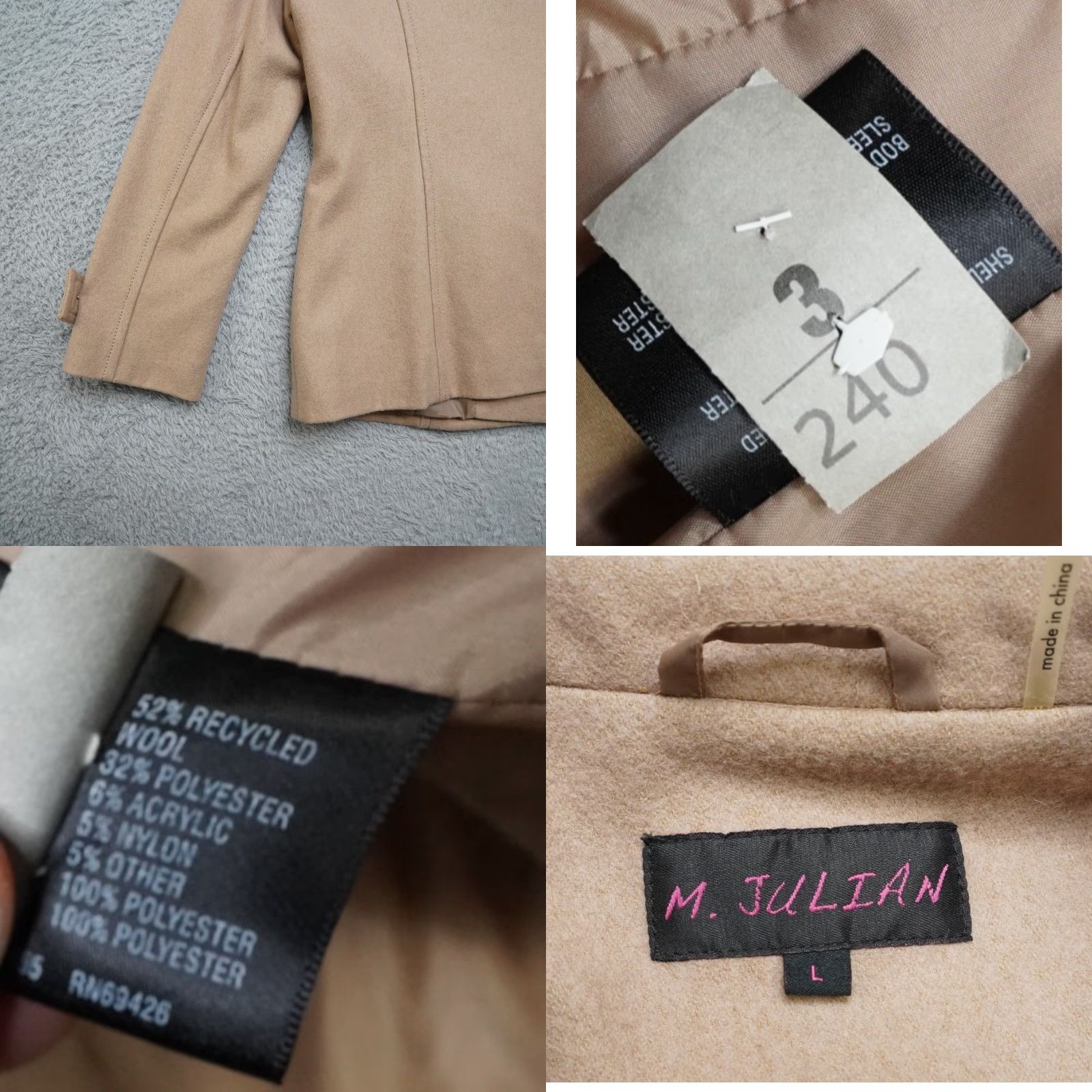 Vintage Wool Pea Coat Womens L Tan M. Julian Button Excellent Size L / US 10 / IT 46 - 8 Thumbnail