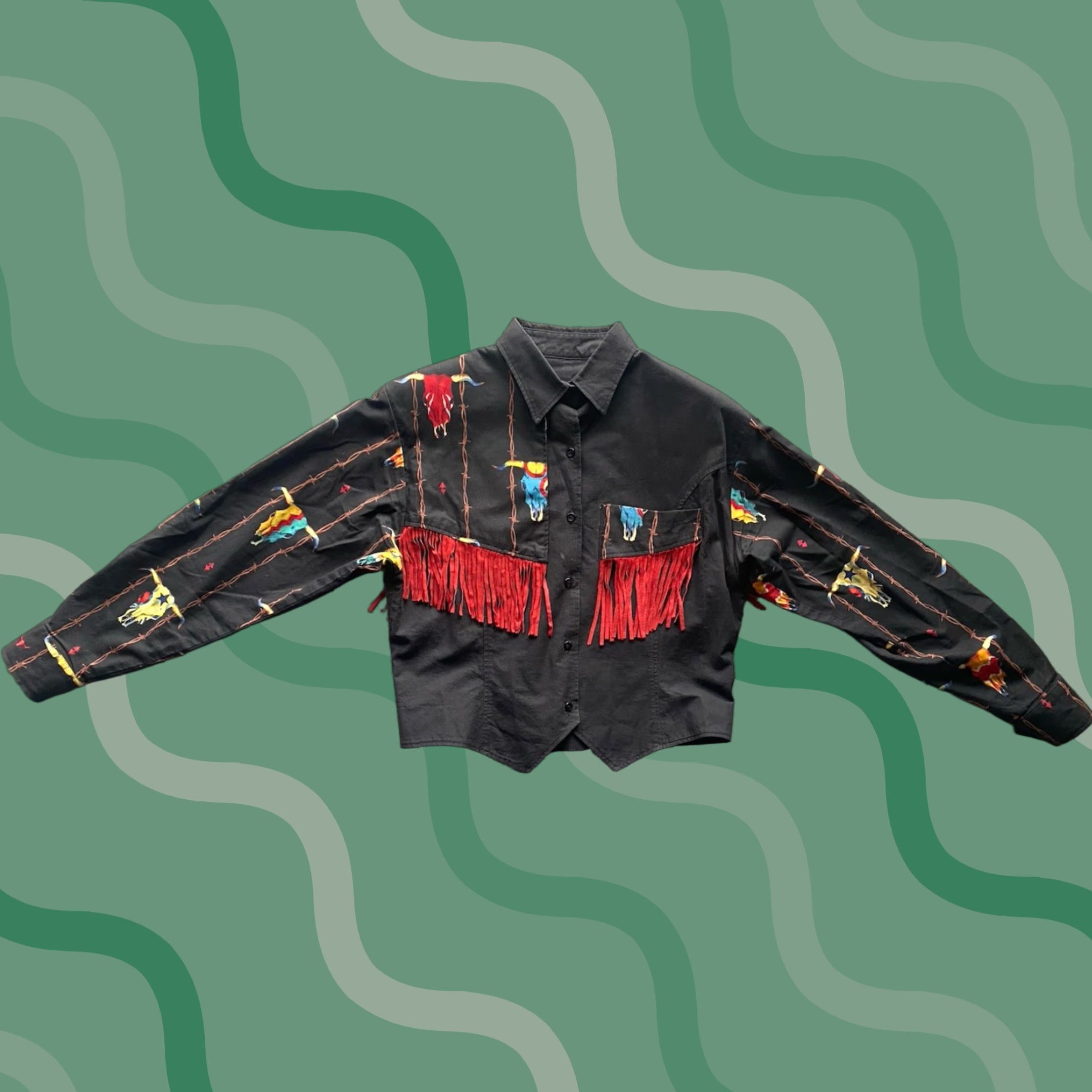 Vintage VINTAGE Longhorn By Niver Western Wear WOMENS MED Shirt Jacket Black/Red Fringe M Size M / US 6-8 / IT 42-44 - 1 Thumbnail