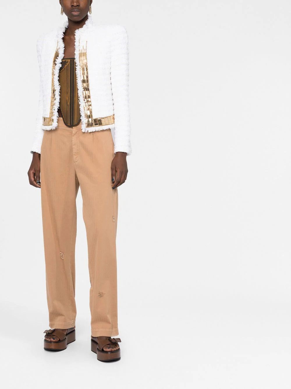 Balmain o1w1db10624 Zipped Tweed Jacket in White Size XS / US 0-2 / IT 36-38 - 3 Thumbnail