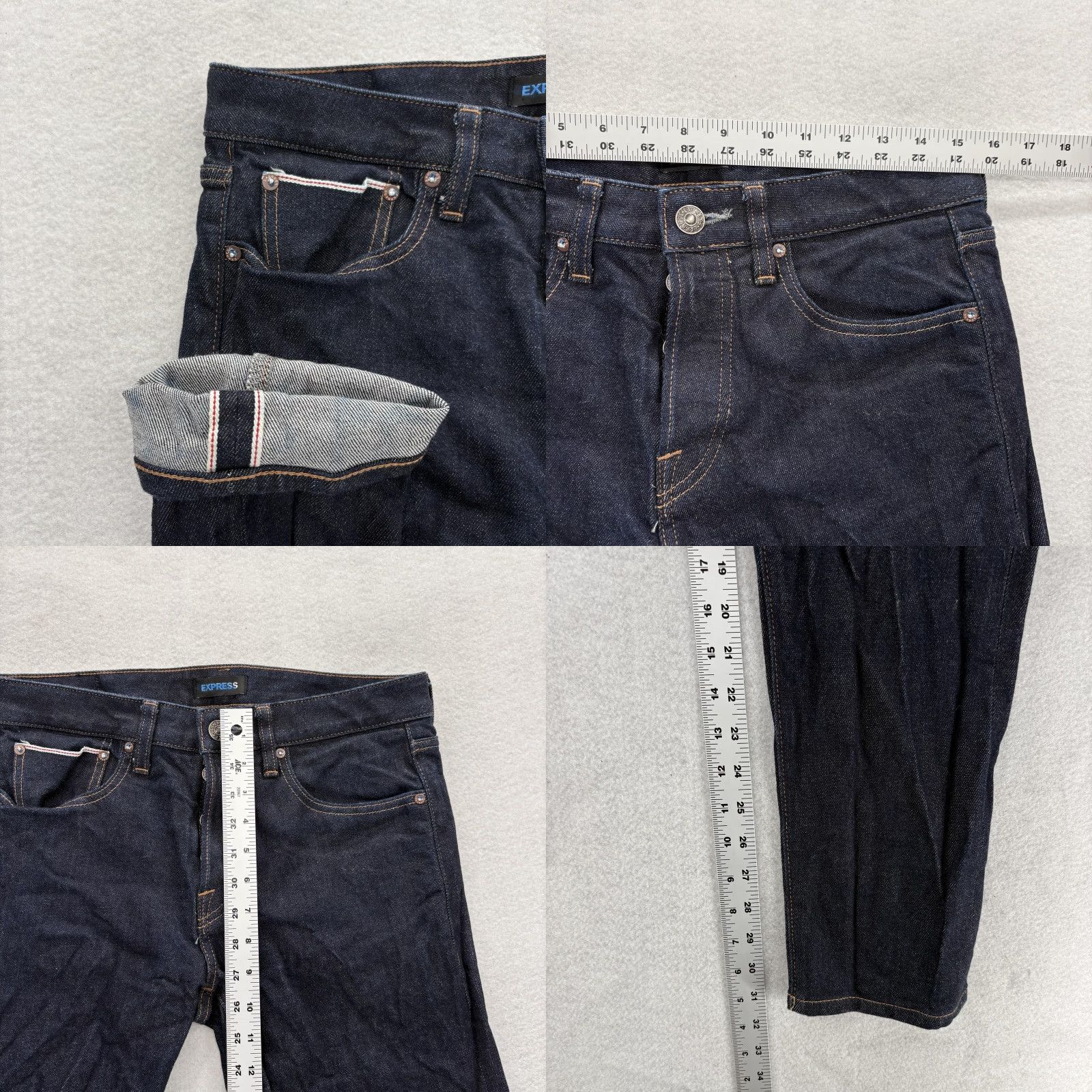 Express Express Jeans Mens 30x32 Dark Wash Blue Slim Fit Selvedge Denim Button Fly Pants Size US 30 / EU 46 - 8 Thumbnail