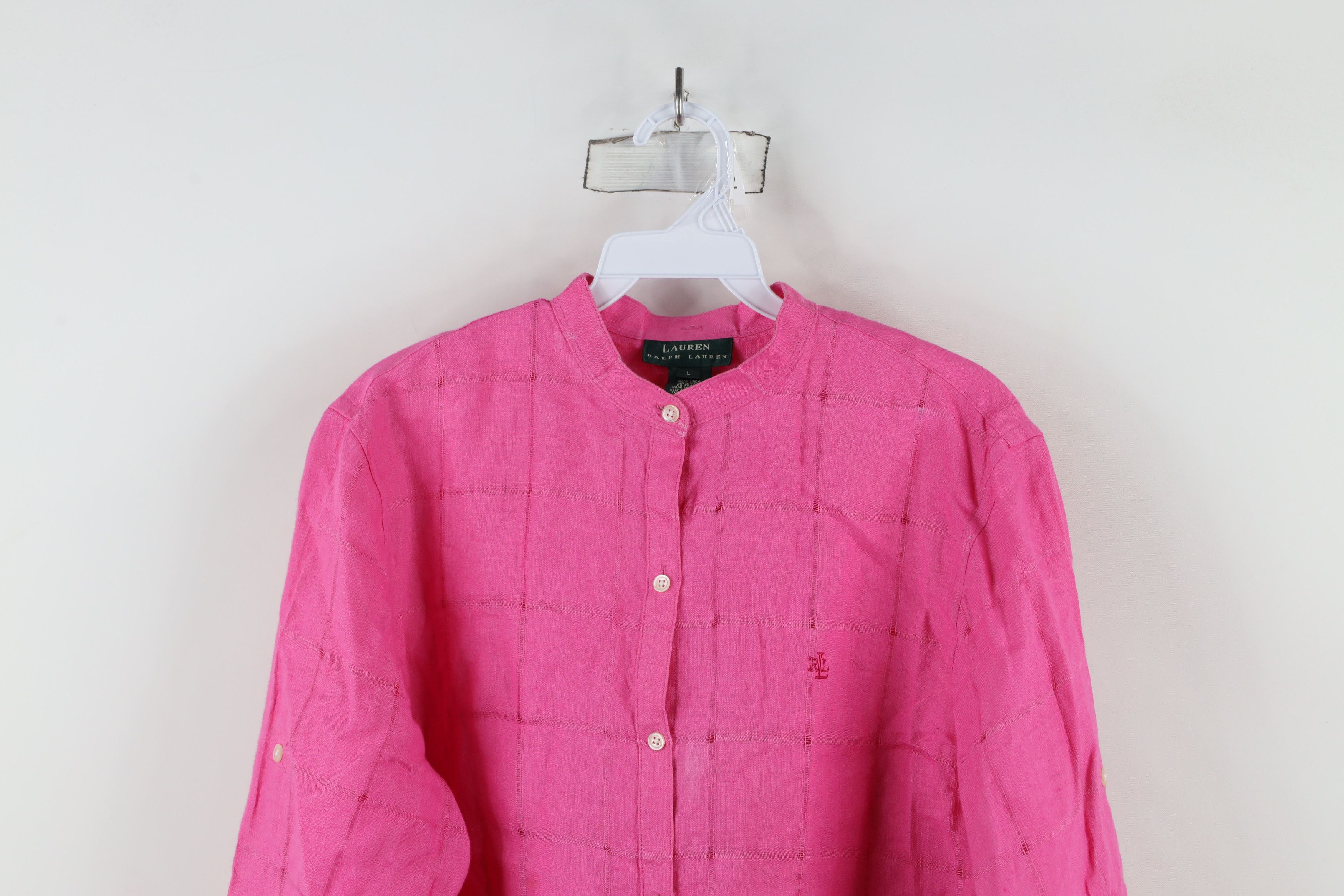 Ralph Lauren × Vintage Vintage 90s Ralph Lauren Linen Band Collar Button Shirt Pink Size L / US 10 / IT 46 - 2 Thumbnail