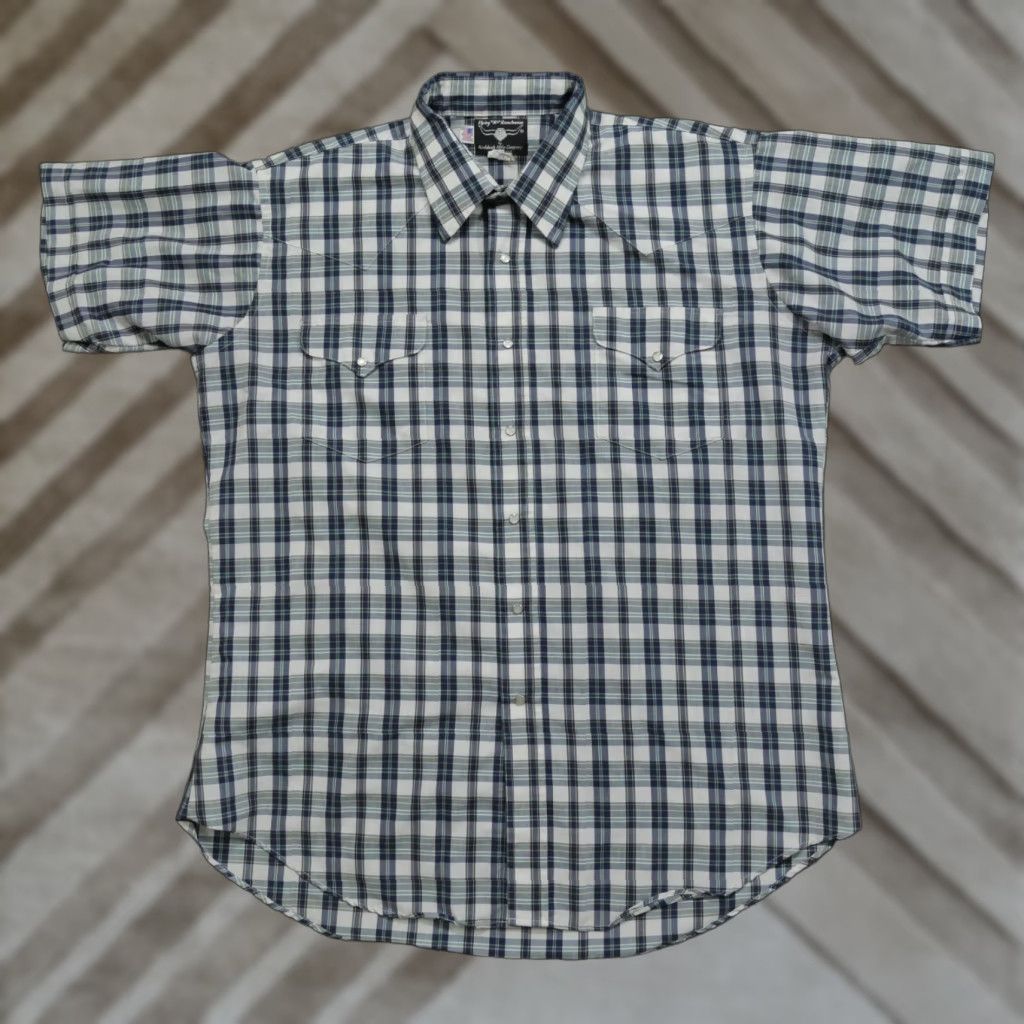 Vintage VINTAGE Flying Ranchwear Shirt Mens 17.5 White Blue Plaid Pearl Snap 90s Western Cowboy Pockets Size US XXL / EU 58 / 5 - 1 Thumbnail