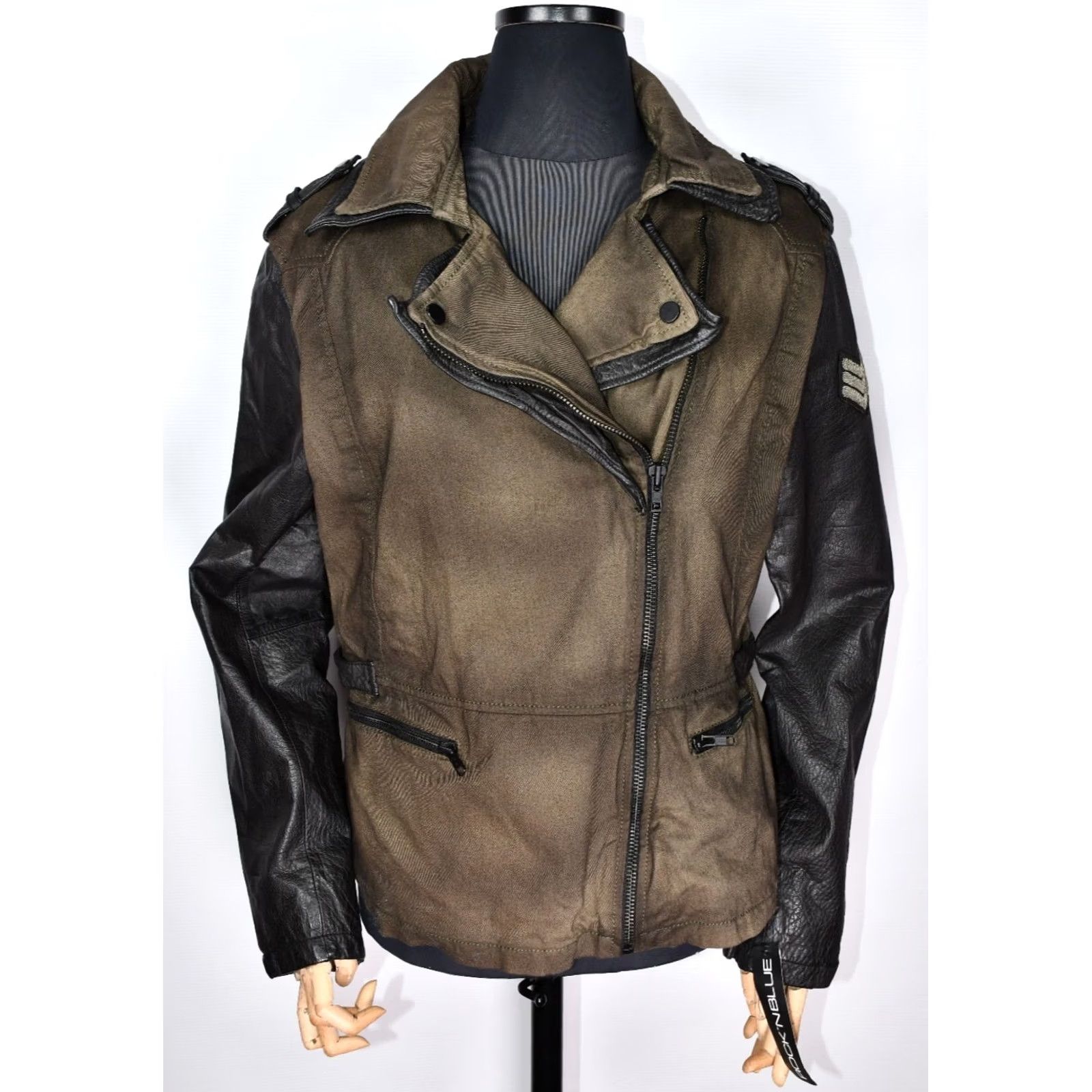 Vintage Rock’N Blue Jacket Women's XL Biker Green 100% Cotton / 100% Leather Long Sleeve Zip Military Inspired? Size XL / US 12-14 / IT 48-50 - 2 Thumbnail