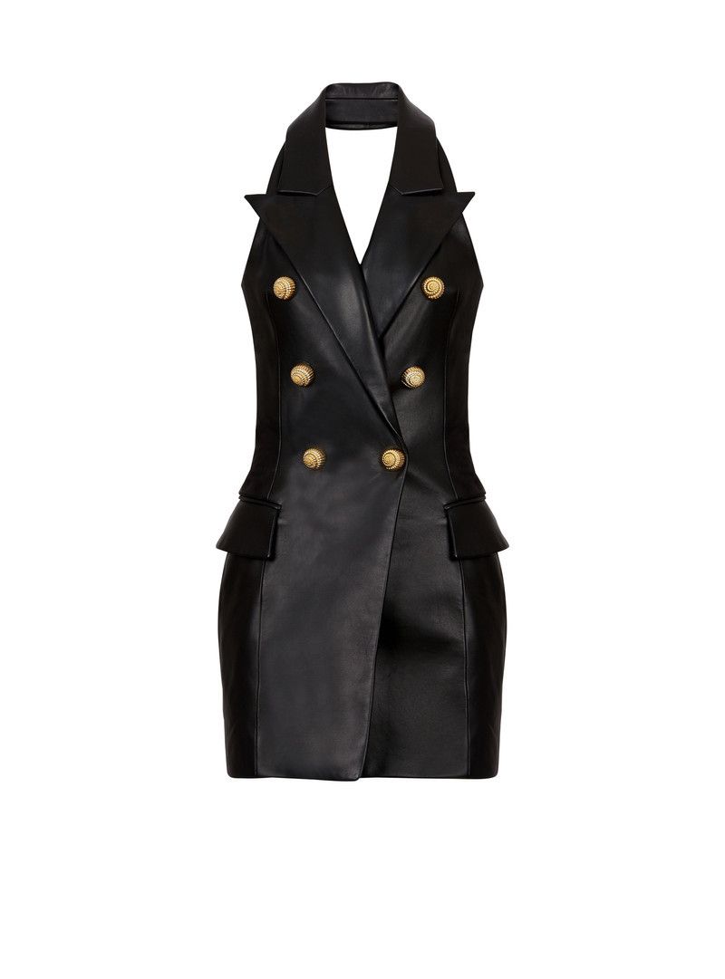 Balmain o1srvl11e1125 Lambskin Leather Halterneck Dress in Black Size S / US 4 / IT 40 - 1 Thumbnail
