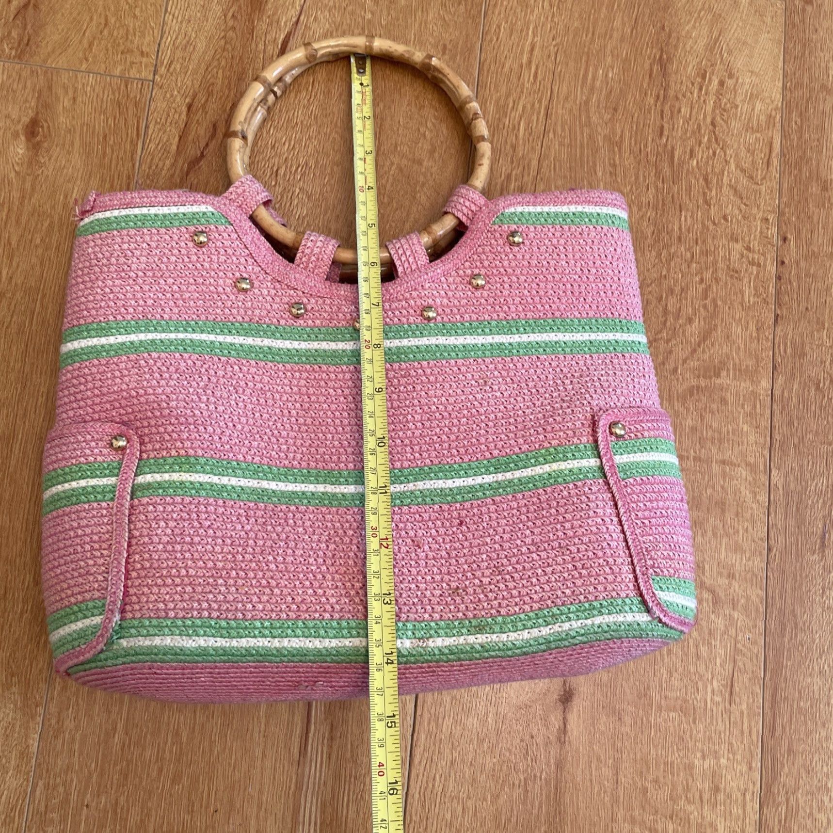 Vintage VTG Raphia Stripe Tote Bag Top Handle Bamboo Handles Pink Green Stripe Boho Women Small Size ONE SIZE - 5 Thumbnail