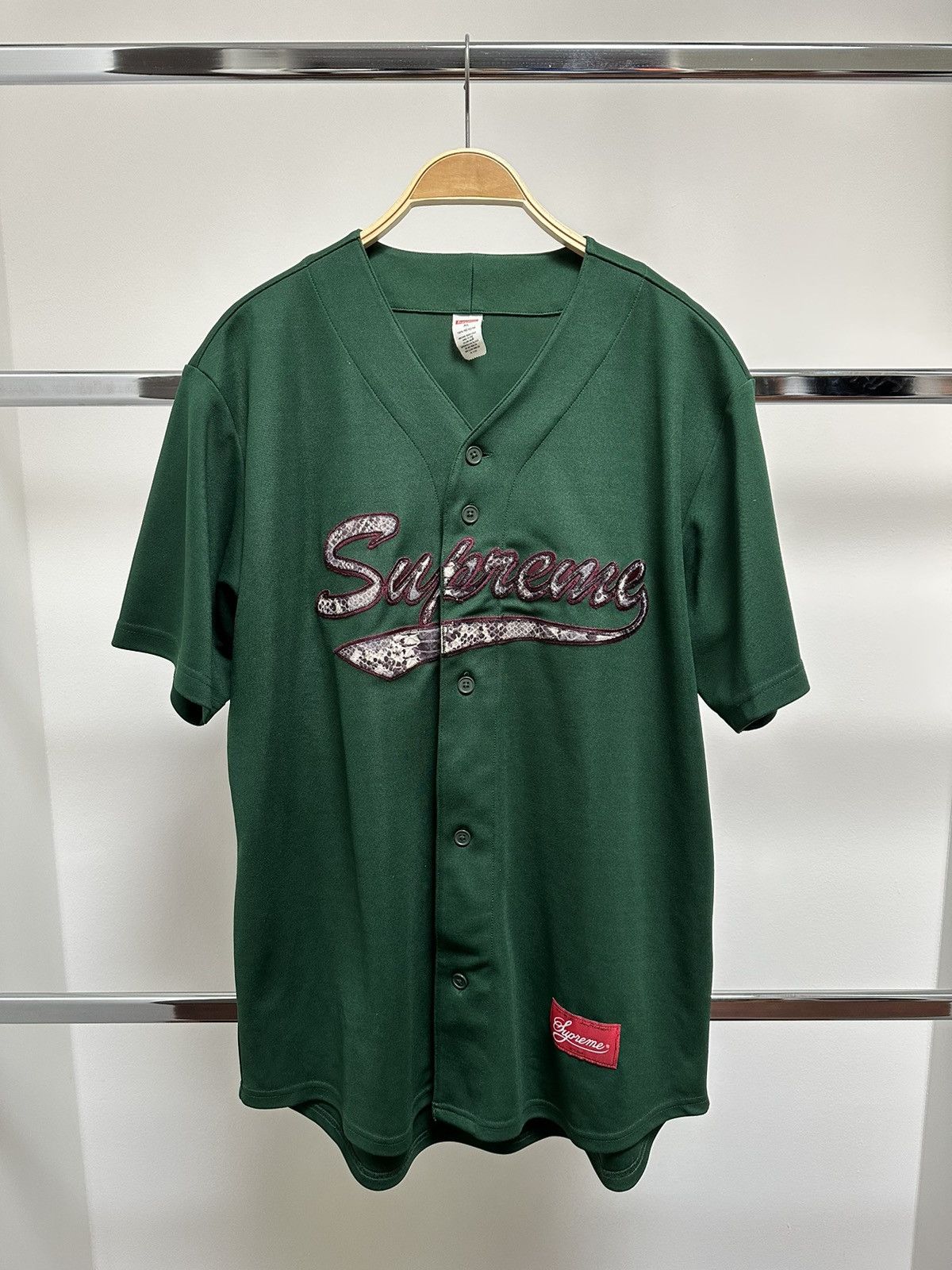 image of Supreme Snake Script Baseball Jersey Dark Green, Men's (Size XL)