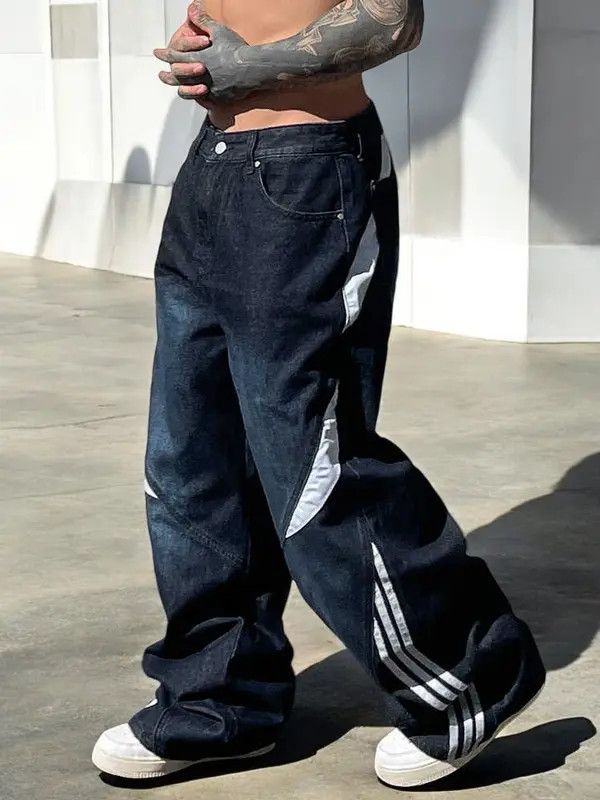 VIBE Blue Wide Leg Stripe Patchwork Denim Jeans, Oversized Jeans Size US 28 / EU 44 - 1 Thumbnail
