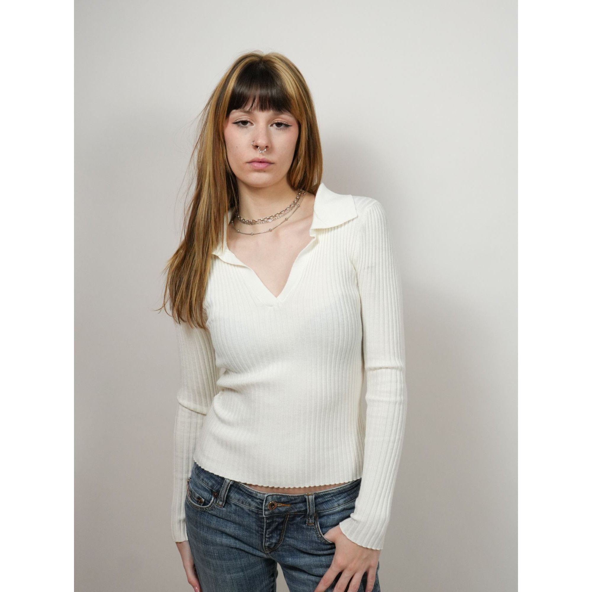 Other White Rib Knit Polo Top Size S / US 4 / IT 40 - 2 Thumbnail